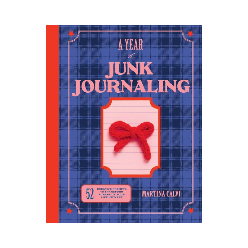 a blue, red, and pink book cover with the text a year of junk journaling and a plaid pattern on a white background
