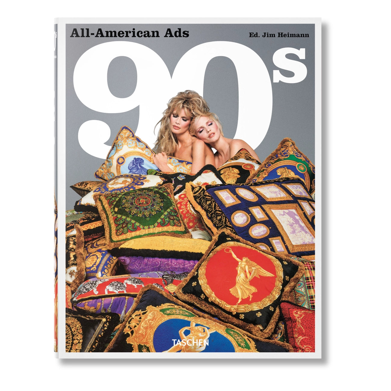 a book cover showing two women behind a pile of multicolored embroidered pillows with text above them reading "all-american ads" and "90s" over a white background