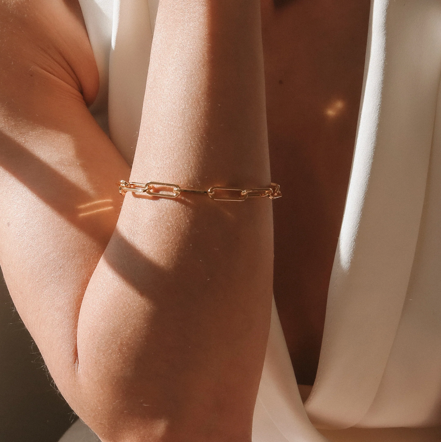 Chunky paperclip bracelet on model