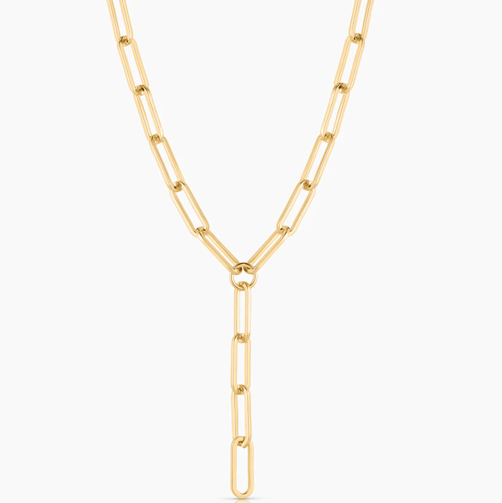 14k gold plated 6.5 mm large elongated lariat necklace. Measures 20" with a 2.5" drop chain.