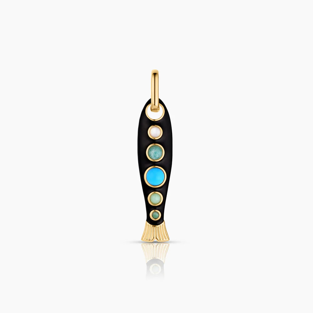 Black pendant with gold accents and colored stones on a white background