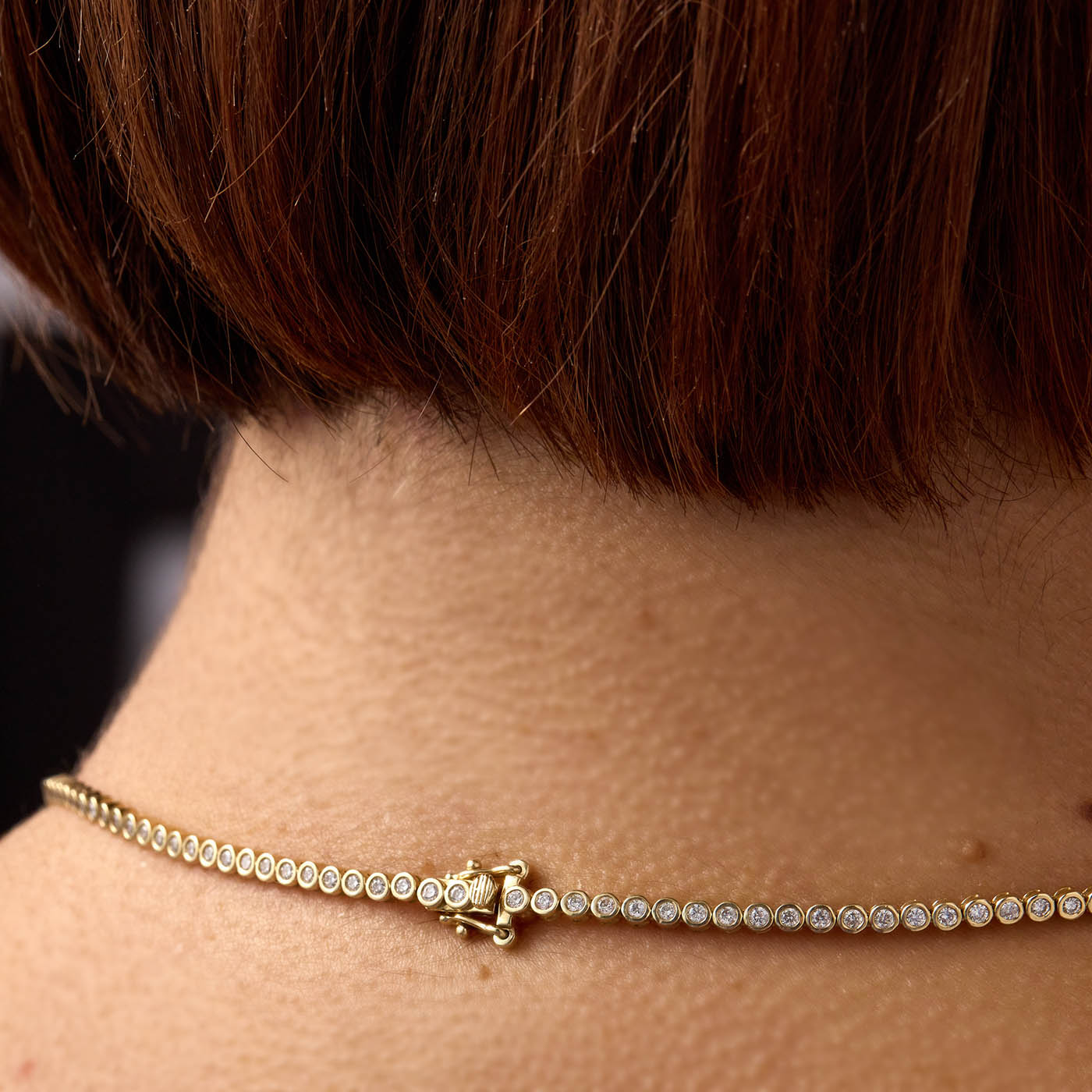 Bezel Set Diamond Tennis Necklace Clasp on Model