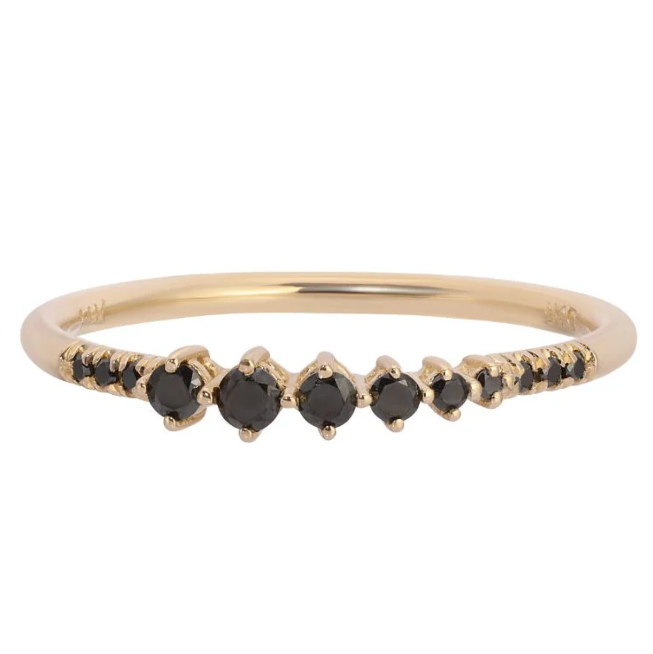 Black diamonds are always a crowd pleaser- classic, edgy and especially when in these delicate dimensions, a perfect pop of definition to your ring stack. One 2 mm, two 1.8 mm, one 1.5 mm, one 1.2 mm, seven 1 mm black diamonds.
14k Yellow Gold