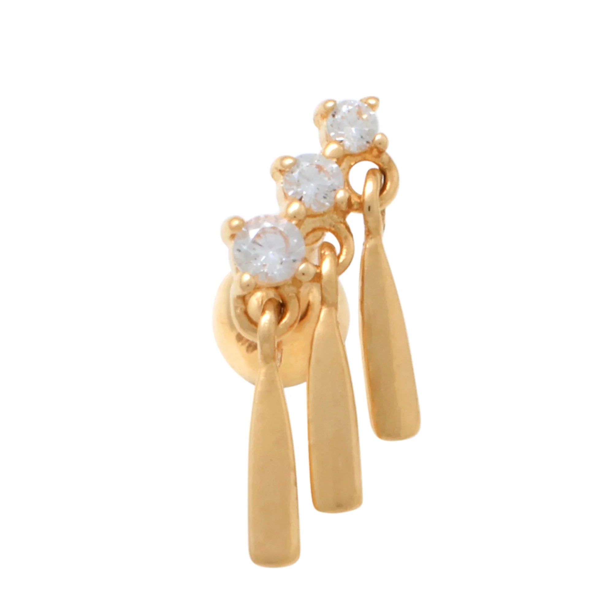 Gold earrings with clear gemstones on a white background