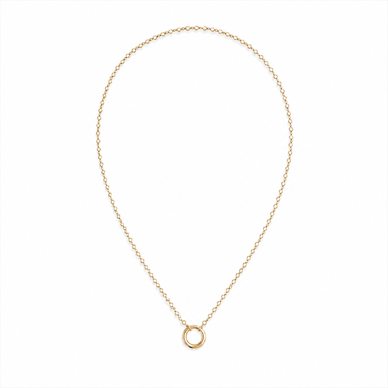 A delicate gold chain necklace with a small, minimalist open circle pendant, displayed on a clean white background.