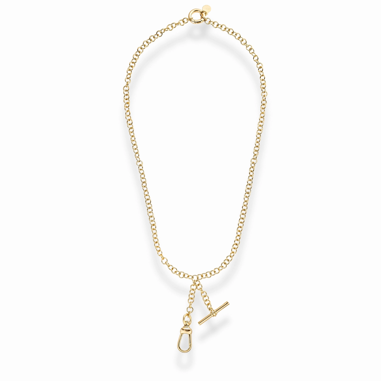 a gold chain necklace with charm enhancer on a white background