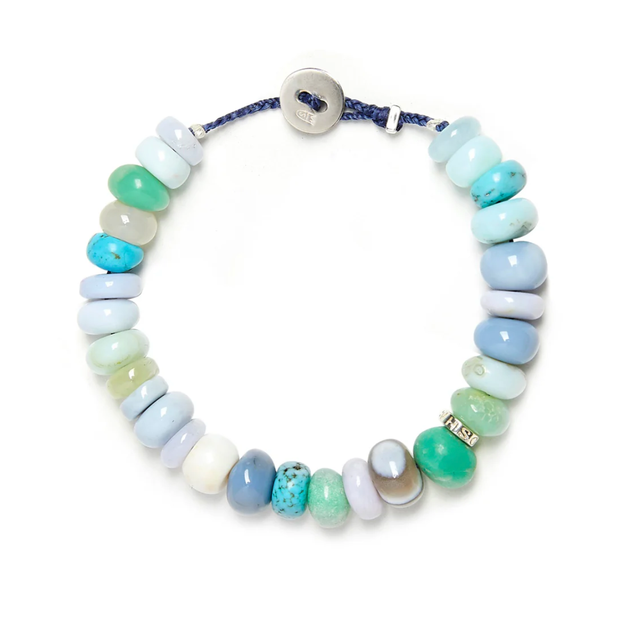 Beaded bracelet with pastel-colored blue  beads on a white background