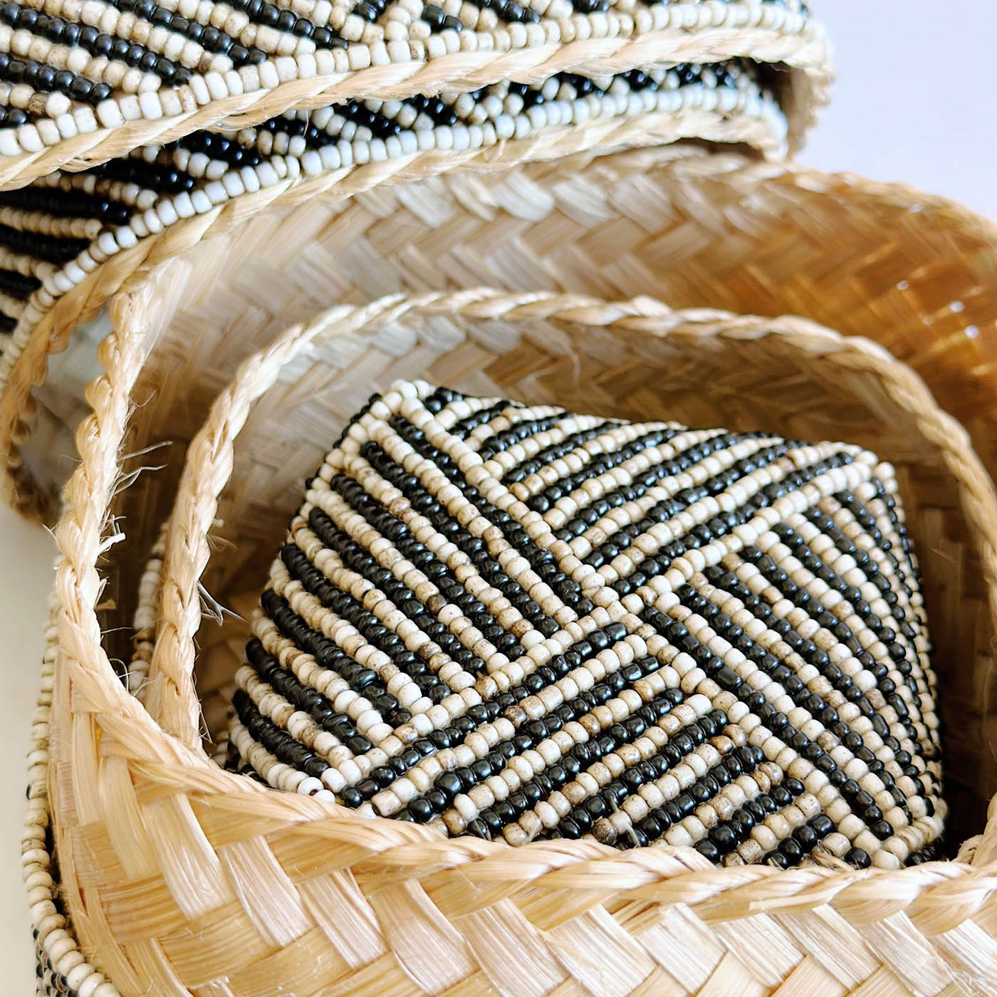 NALA Beaded Bamboo Basket Nesting Trio Set