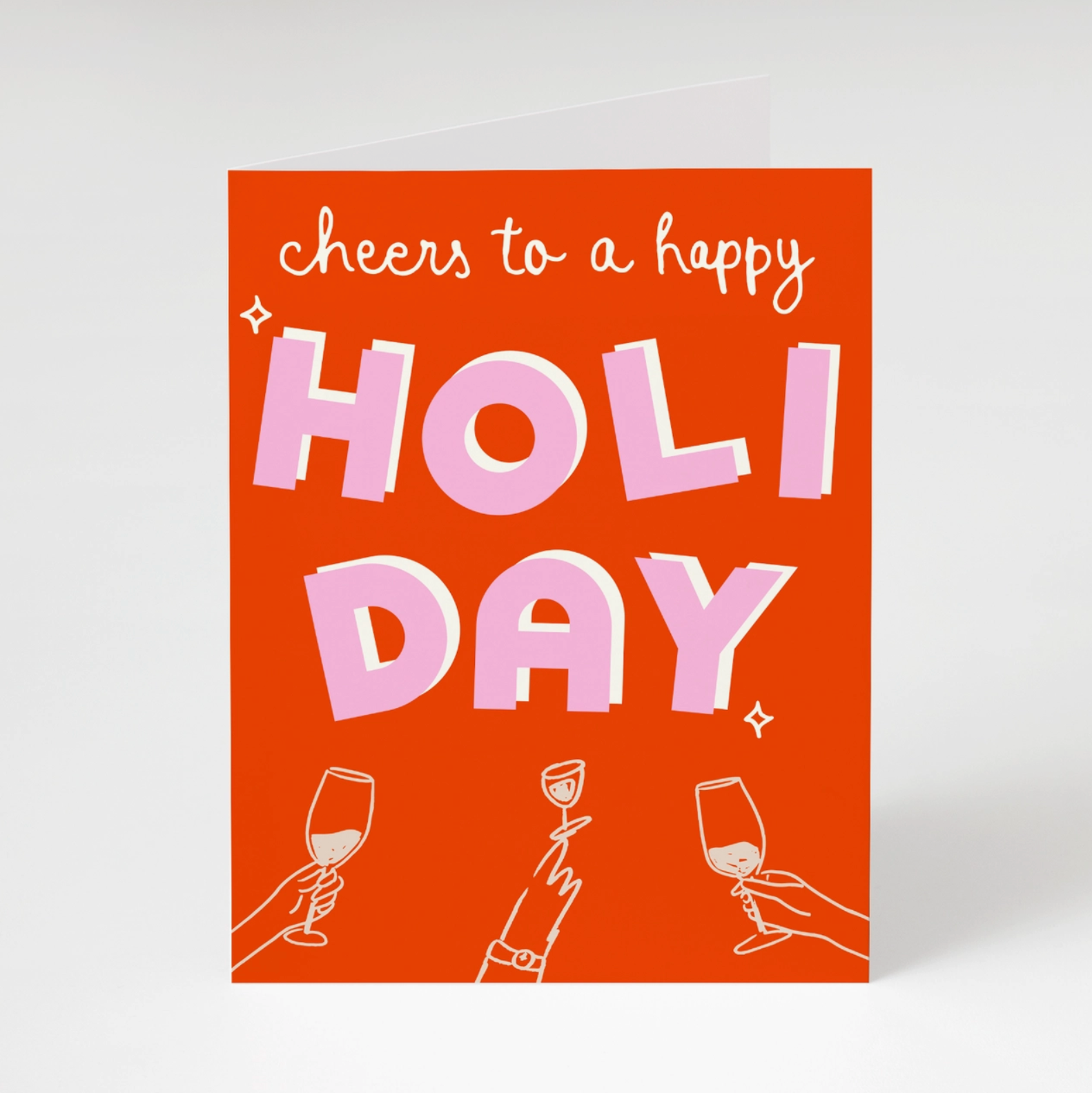 Red greeting card with holiday theme in pink on a white background