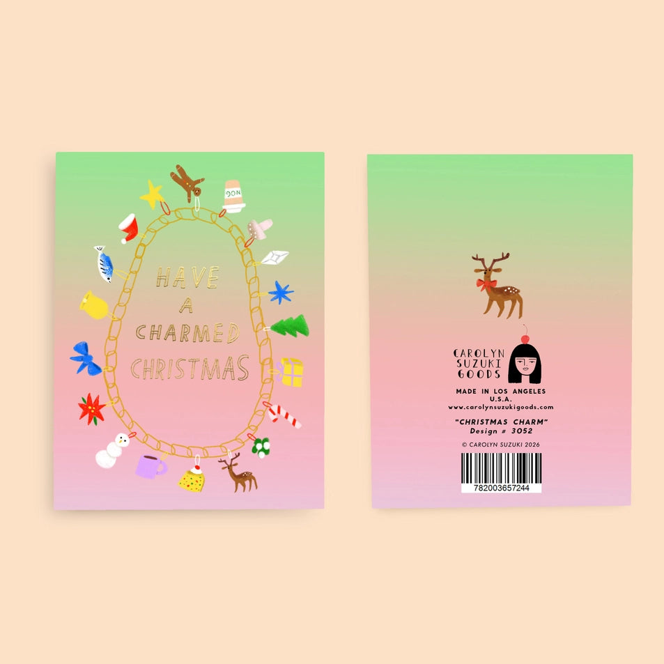 front and back of a greeting card with a purple to green gradient background and a text reading have a charmed christmas, surrounded by an illustrated charm bracelet