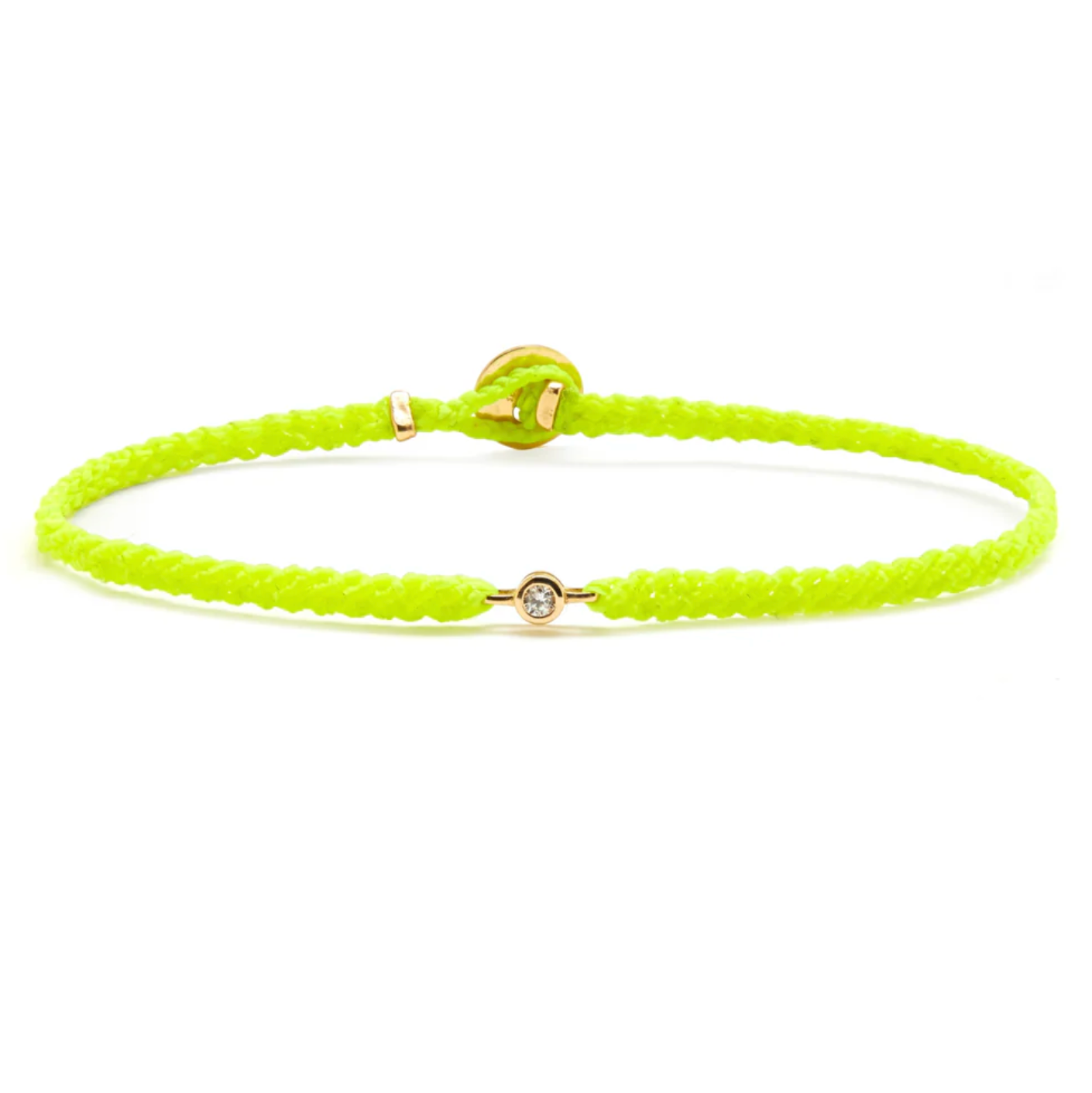 Neon yellow nylon bracelet with 10k gold bezel set diamond bracelet