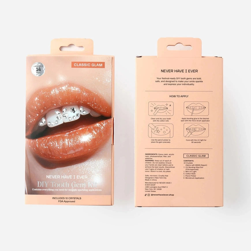 Two packaging boxes for a dental product with a close-up of lips and text on a white background.