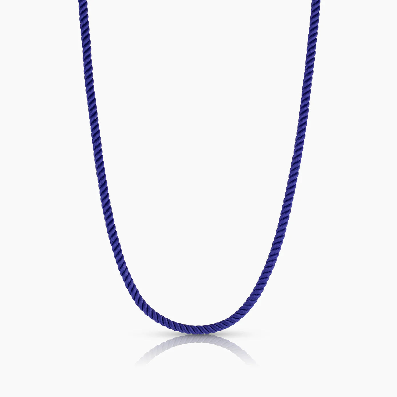 Navy blue rope necklace on a white background