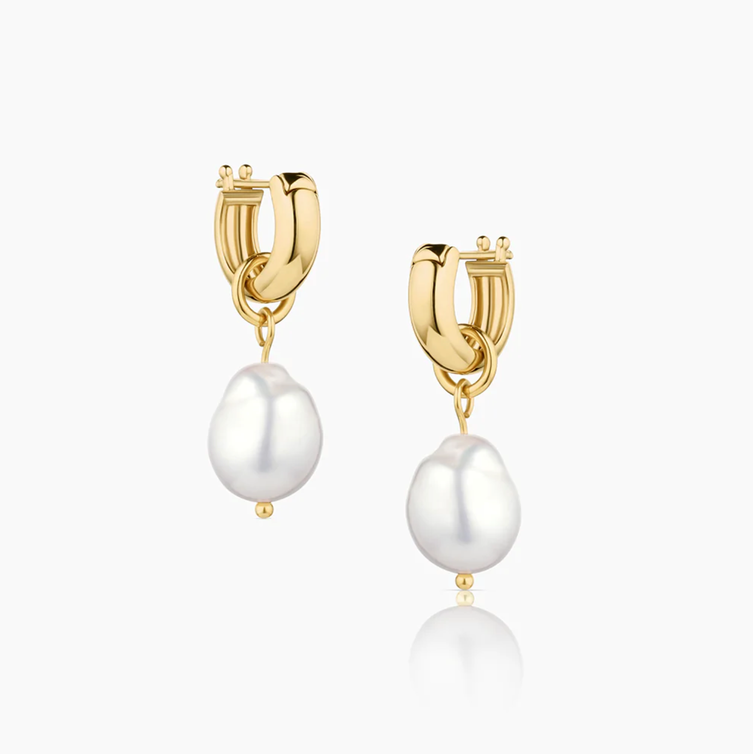 14k gold or rhodium plated hoop earrings with removable freshwater pearl charms, convertible classic design, hoops measure 11x12x4mm, pearls approx. 10mm.