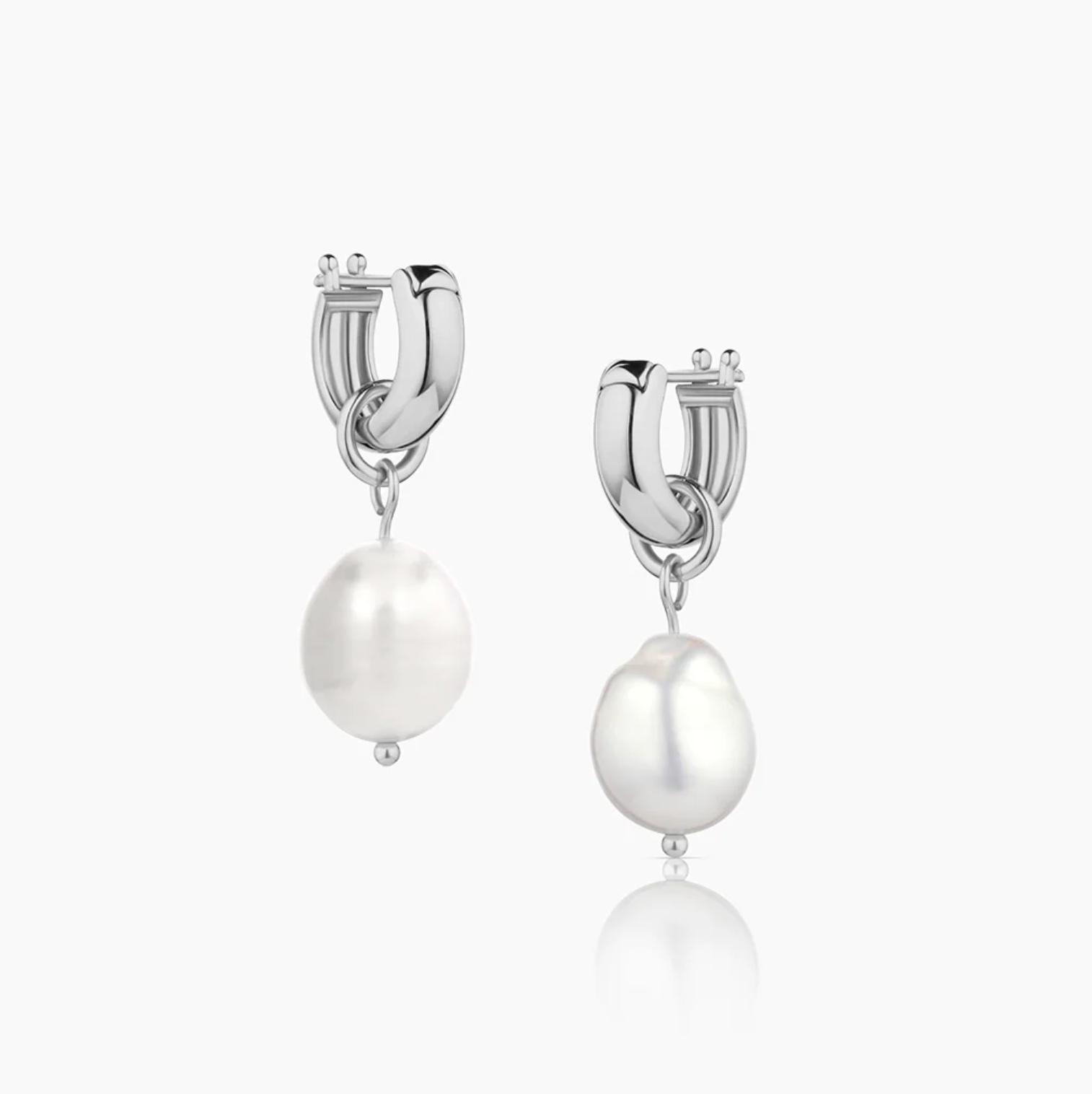 14k gold or rhodium plated hoop earrings with removable freshwater pearl charms, convertible classic design, hoops measure 11x12x4mm, pearls approx. 10mm.