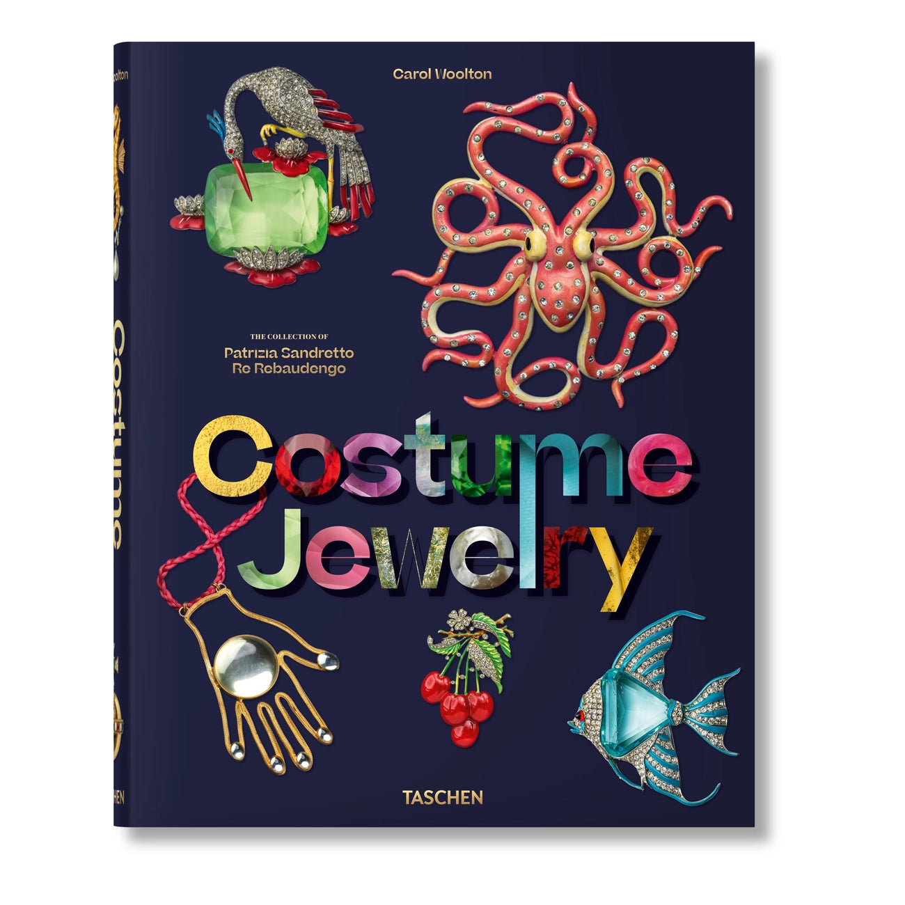 the book cover for costume jewelry featuring a number of multicolored representational pieces of costume jewelry over a dark blue background