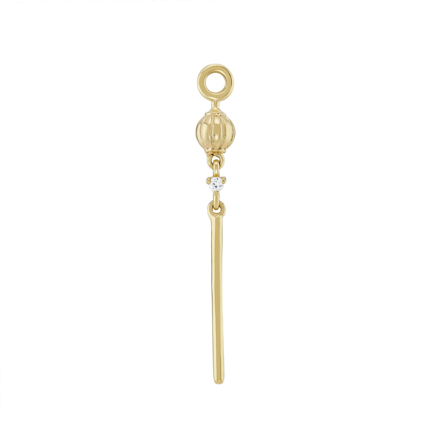 a gold charm that resembles a lantern with a prong set white diamond drop and a gold bar below over a white background