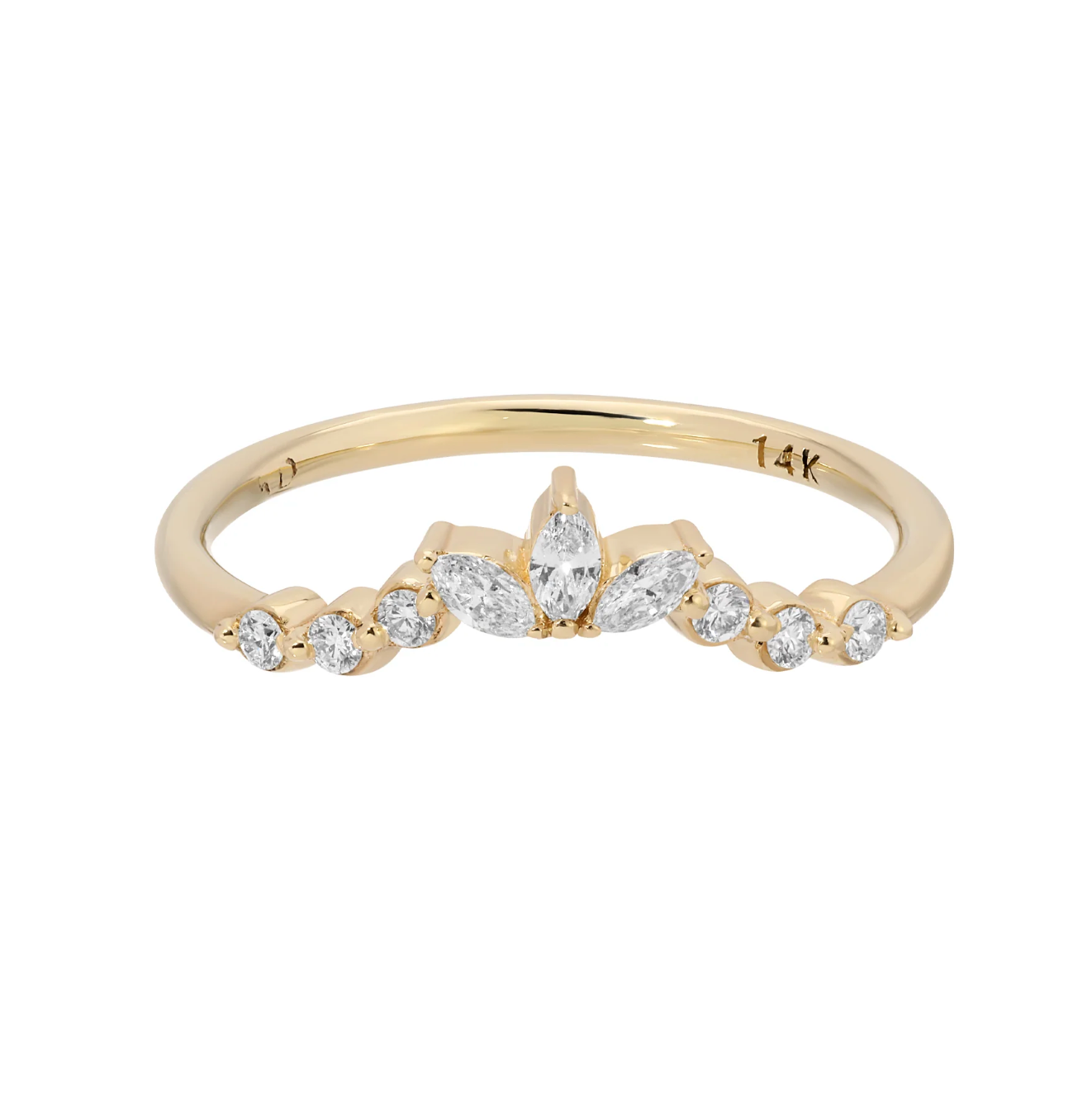 The Diamond Arioso Arch Band pairs with so many different silhouettes and sits pretty like a tiny crown to top off any stack. She feels dainty and pristine and catches the eye with beautiful texture and variation. three 3 x 1.6 mm marquise diamonds six 1.5 mm round diamonds
14k Yellow Gold