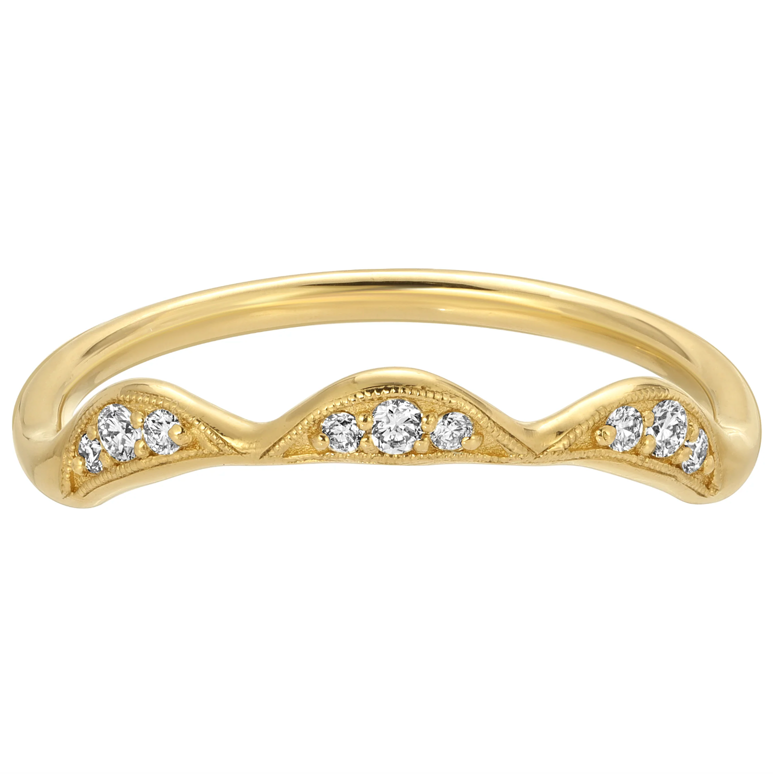 The unique and graceful silhouette of the Diamond Crest Ring makes her not only easy to wear, but gives you that pop of subtle luxury that you'll love to wear daily.
three 1.5 mm, six 1.2 mm diamonds
14k Yellow Gold