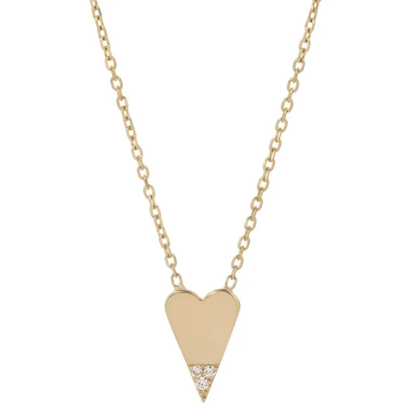  A slightly elongated heart dangles from a delicate cable chain, and the three small diamonds at the point have a way of catching light as you move. 