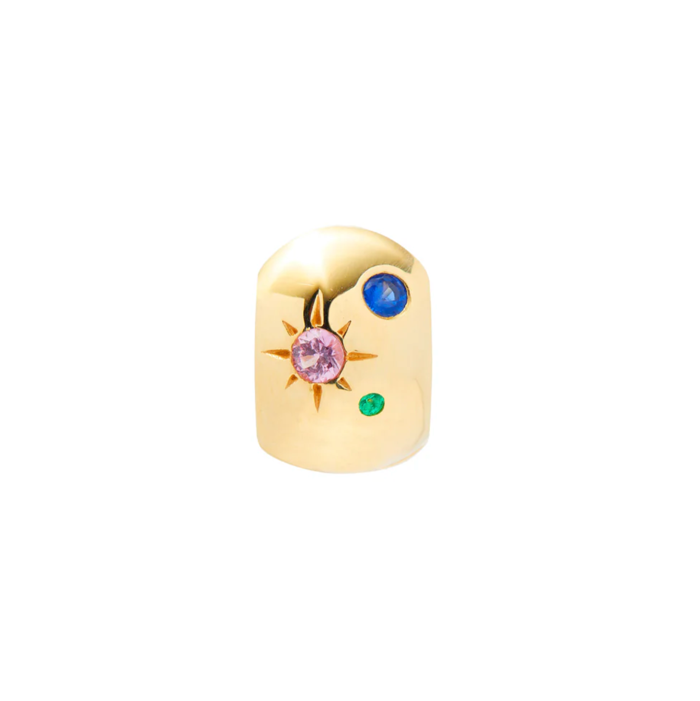 10k Gold huggie hoop with colorful gemstones on a white background