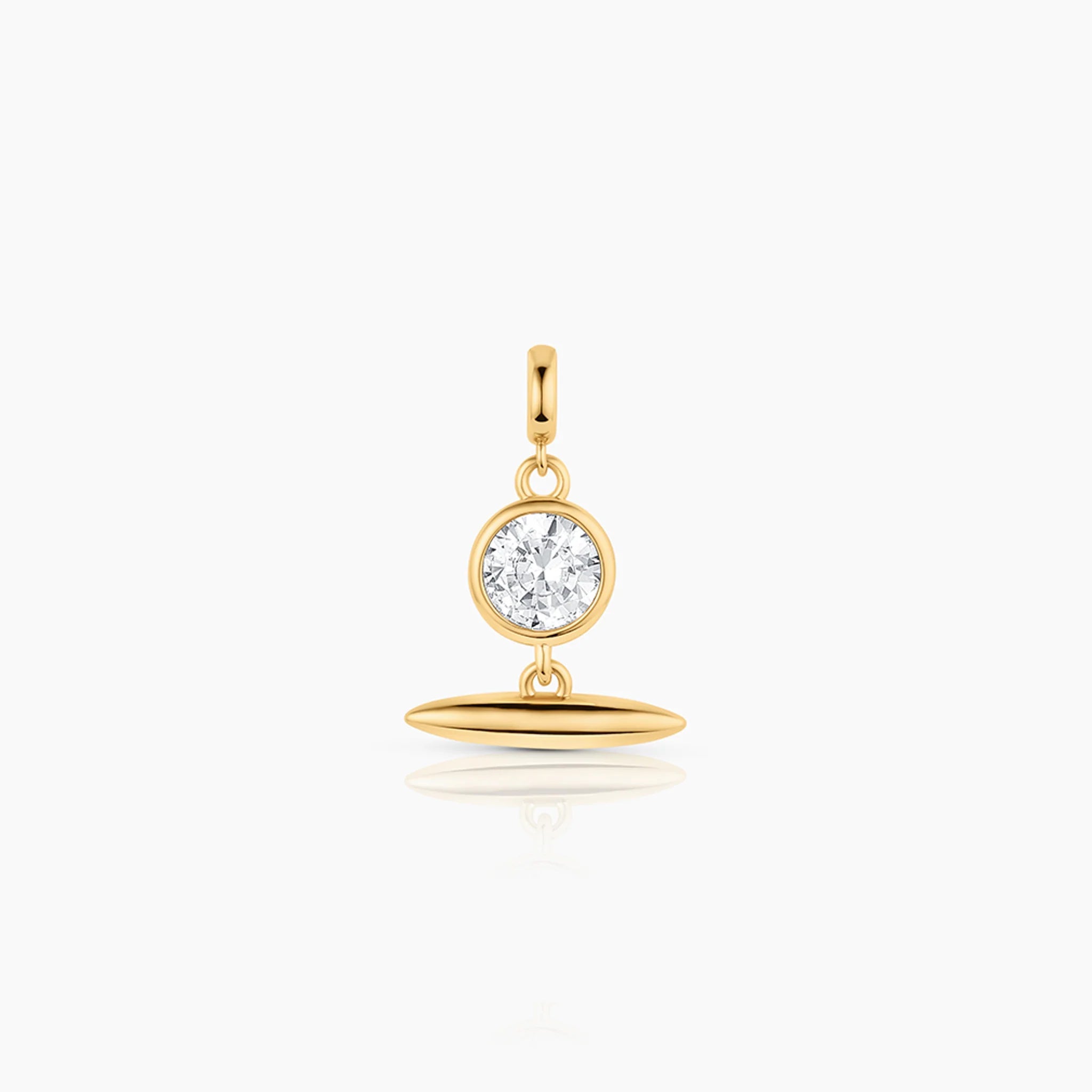 a gold charm with a bezel set cubic zirconia and a gold toggle attachment over a white background