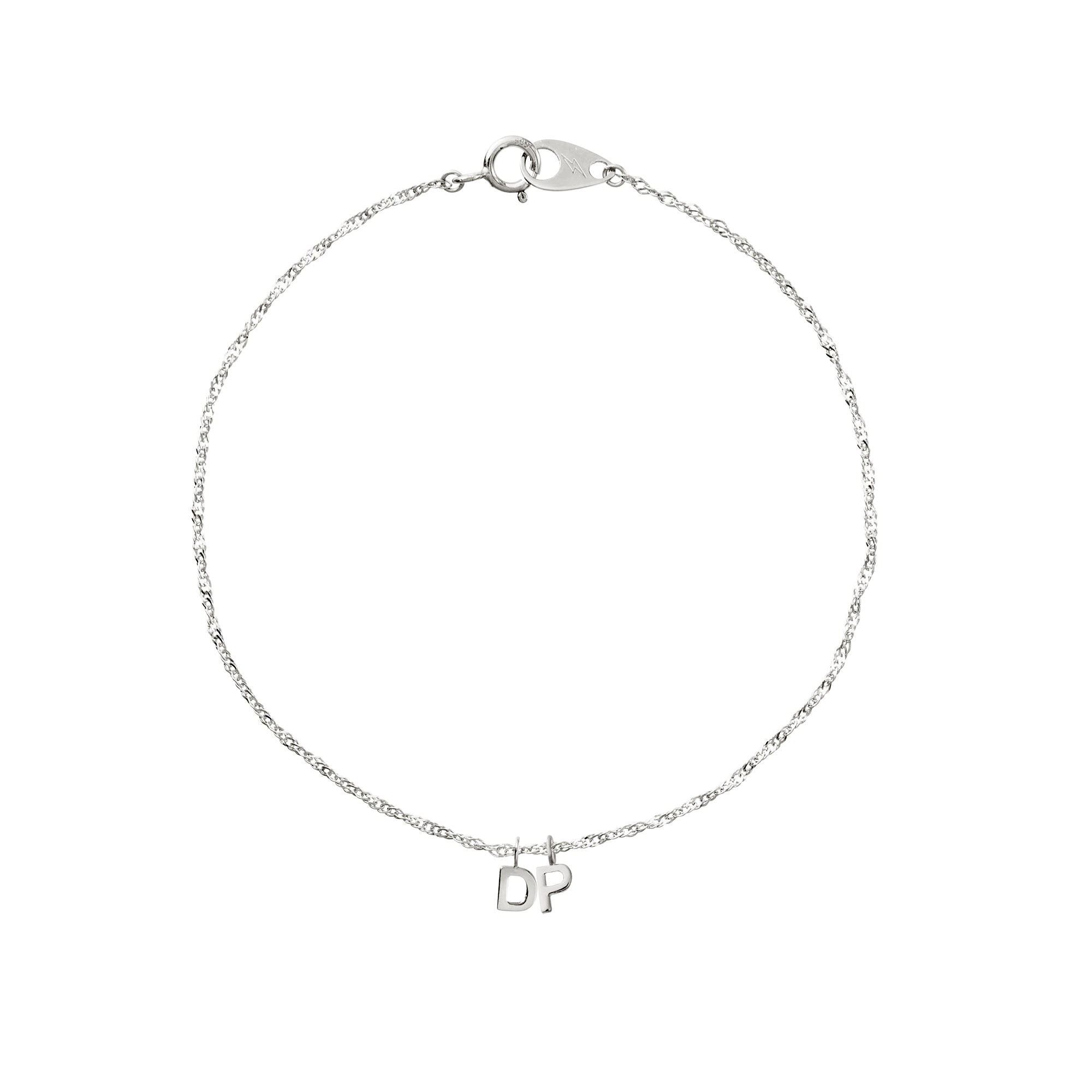 Silver bracelet with 'DP' charms on a white background