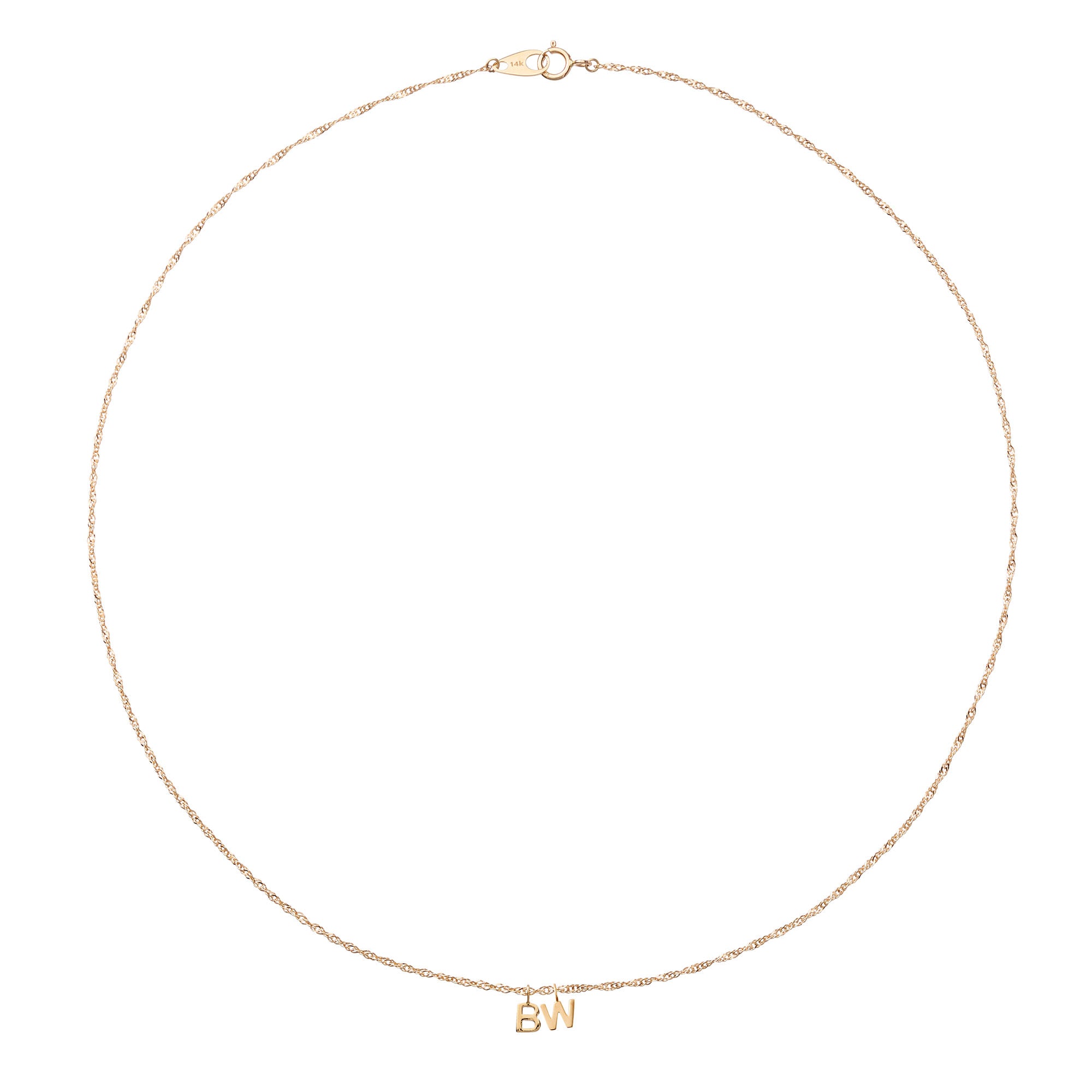 Gold necklace with 'BW' initials on a white background