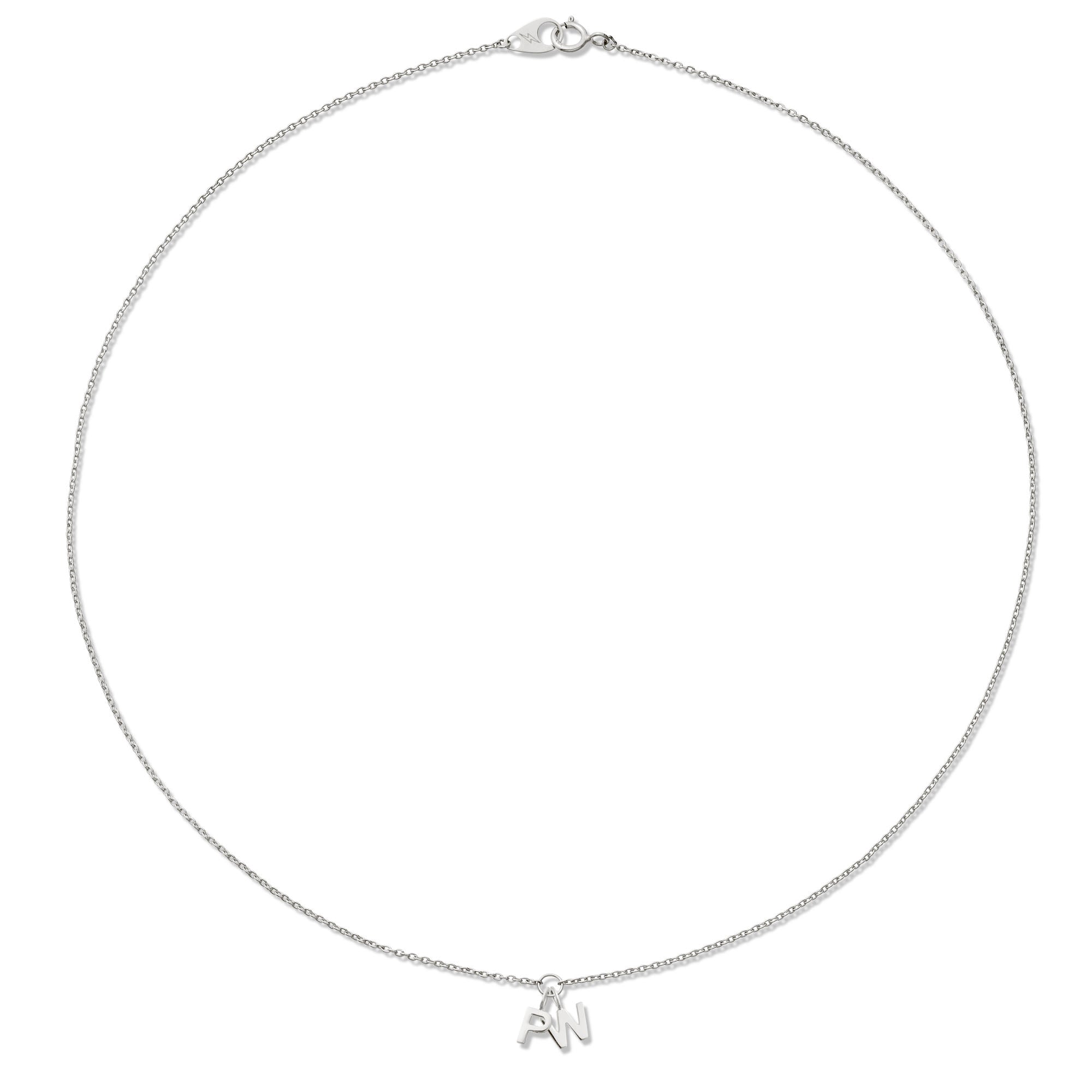 White Gold necklace with two initial small pendants on a white background