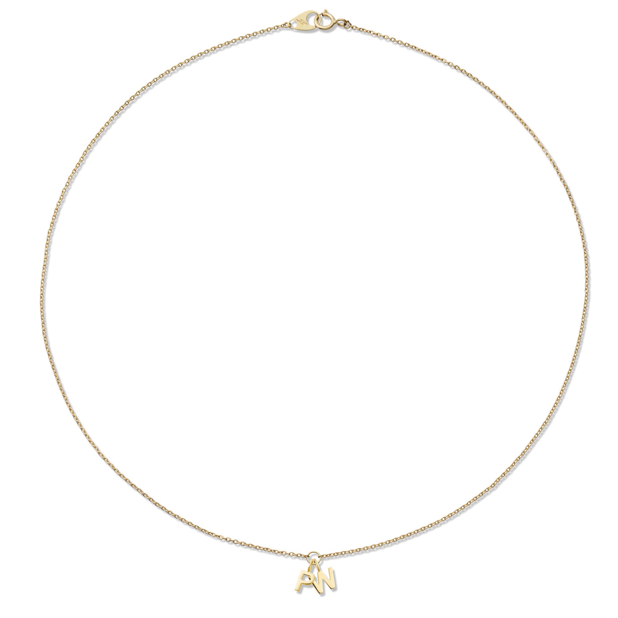 Gold necklace with two initials pendant on a white background