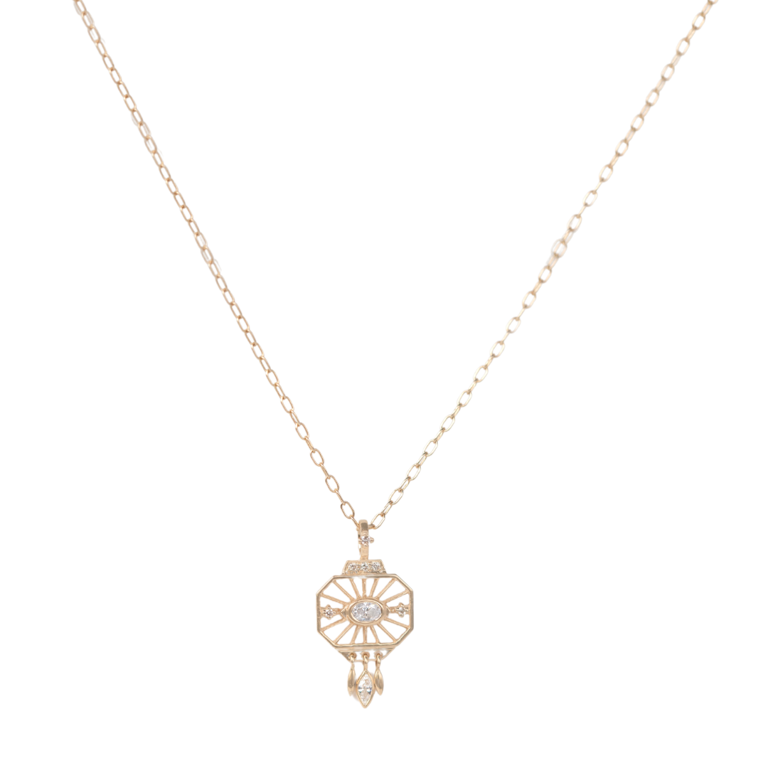 14K solid yellow gold Dream Maker necklace with 2 cm openwork pendant and 0.1 ct diamonds — designed to filter light, clear negative energy, and manifest dreams, 40 cm chain.