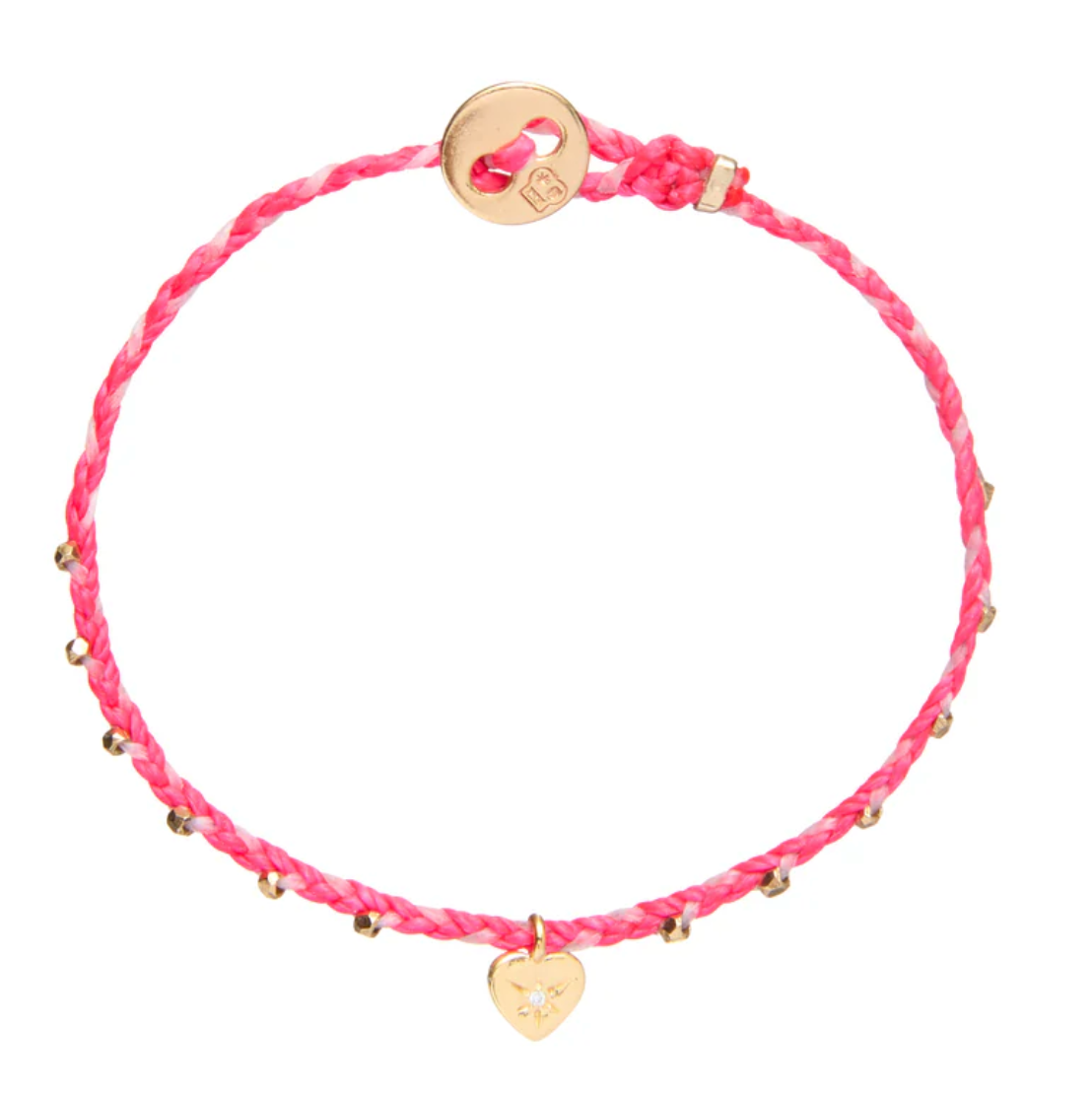 Pink braided nylon bracelet with gold heart charm on a white background