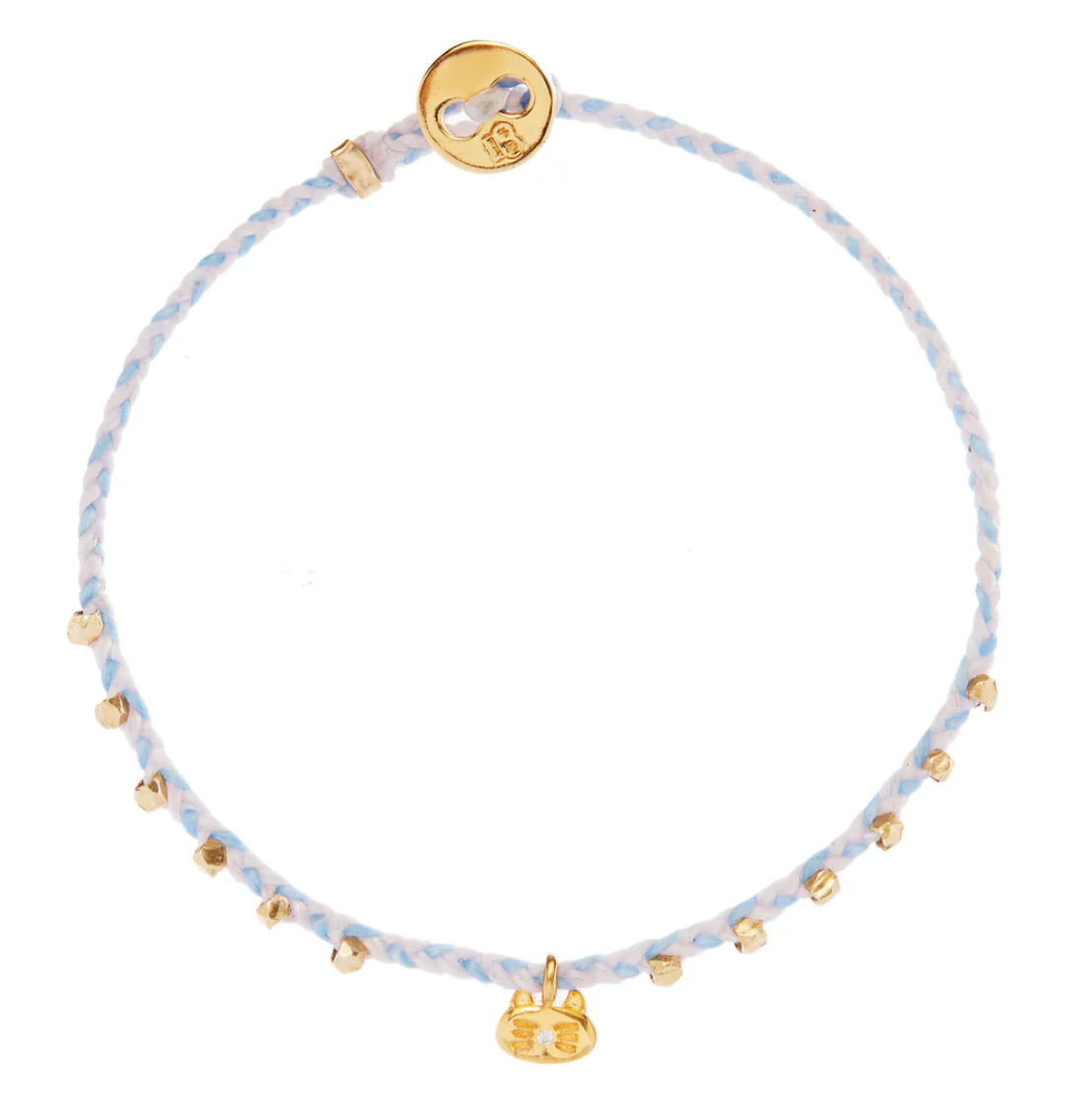 Bracelet with vermeil gold beads and a kitty charm with a button closure lavender and blue nylon cord