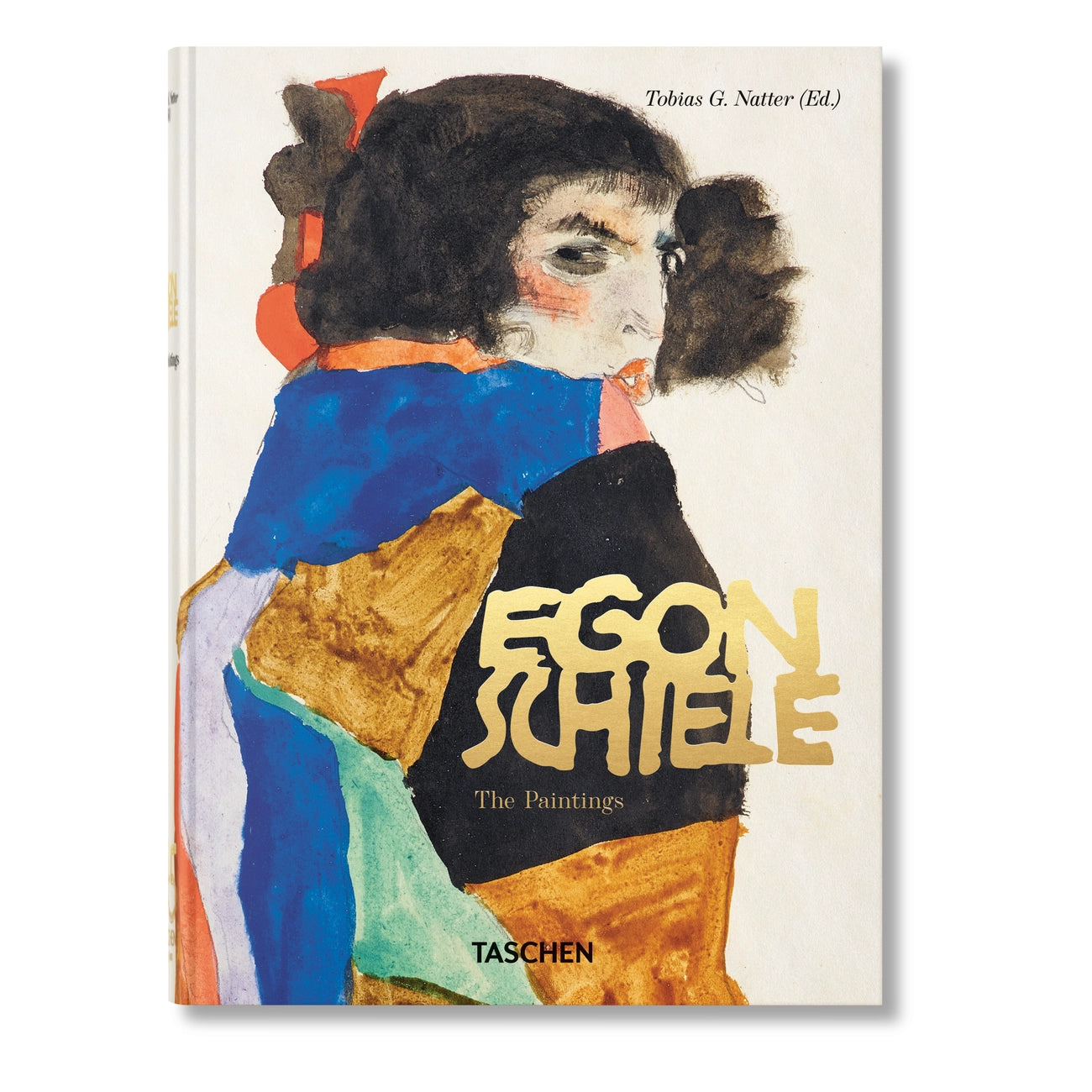 the book cover for egon schiele: the paintings featuring a painting of a figure in his colorful style