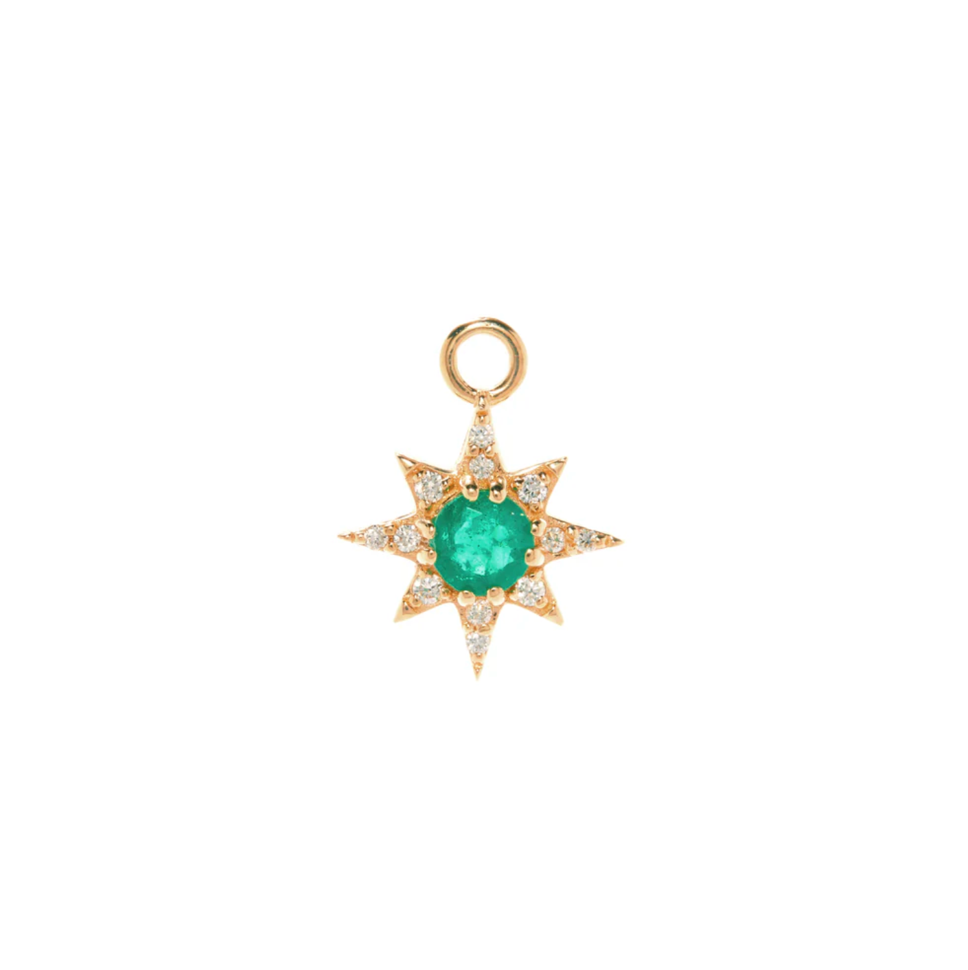 14k Gold star-shaped pendant with a green emerald on a white background