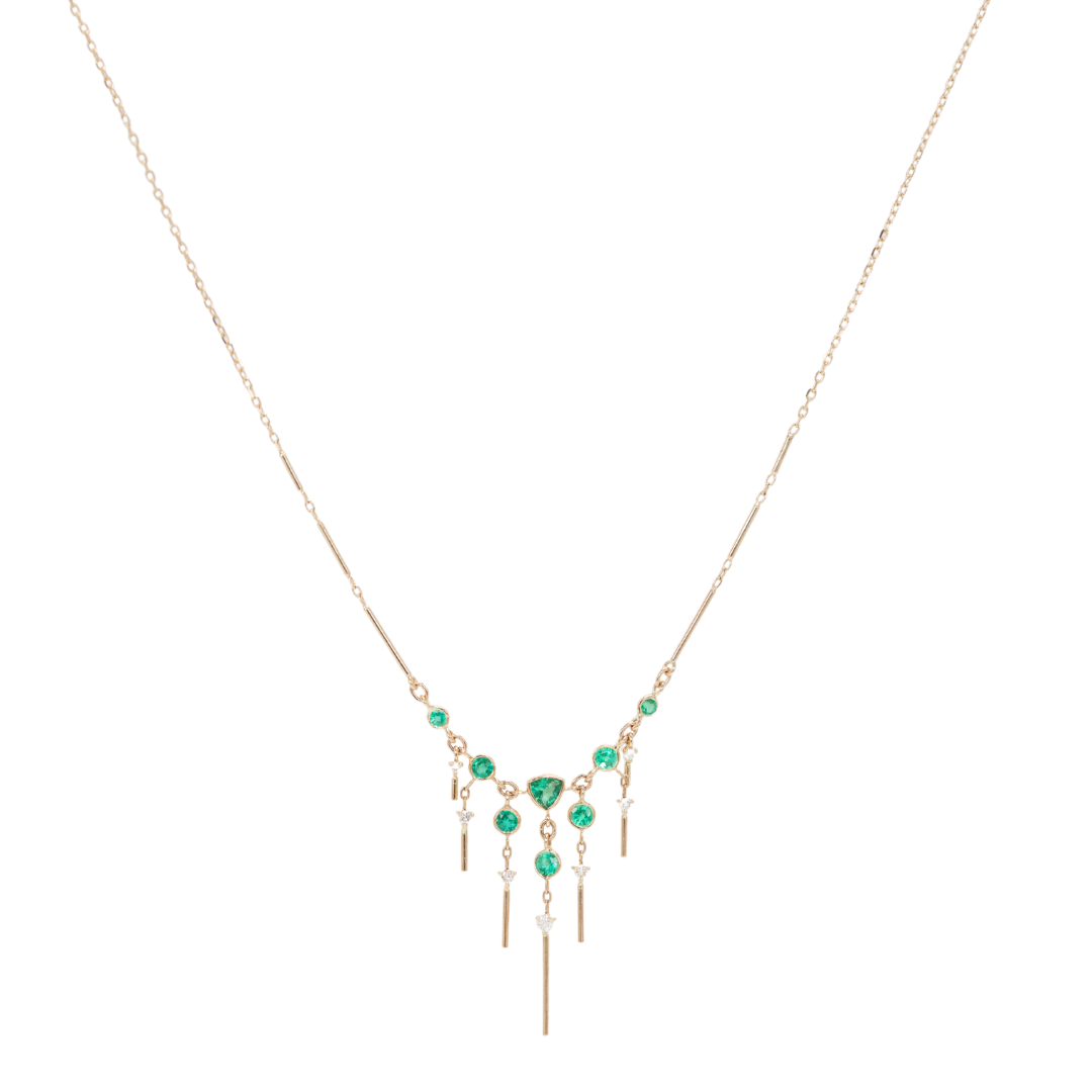 14K solid yellow gold Dream Maker necklace with openwork design, featuring 0.1 ct diamonds and 0.45 ct emerald — symbolic of manifesting dreams and clearing negative energy, 40 cm chain with adjustable links at 36 and 38 cm.