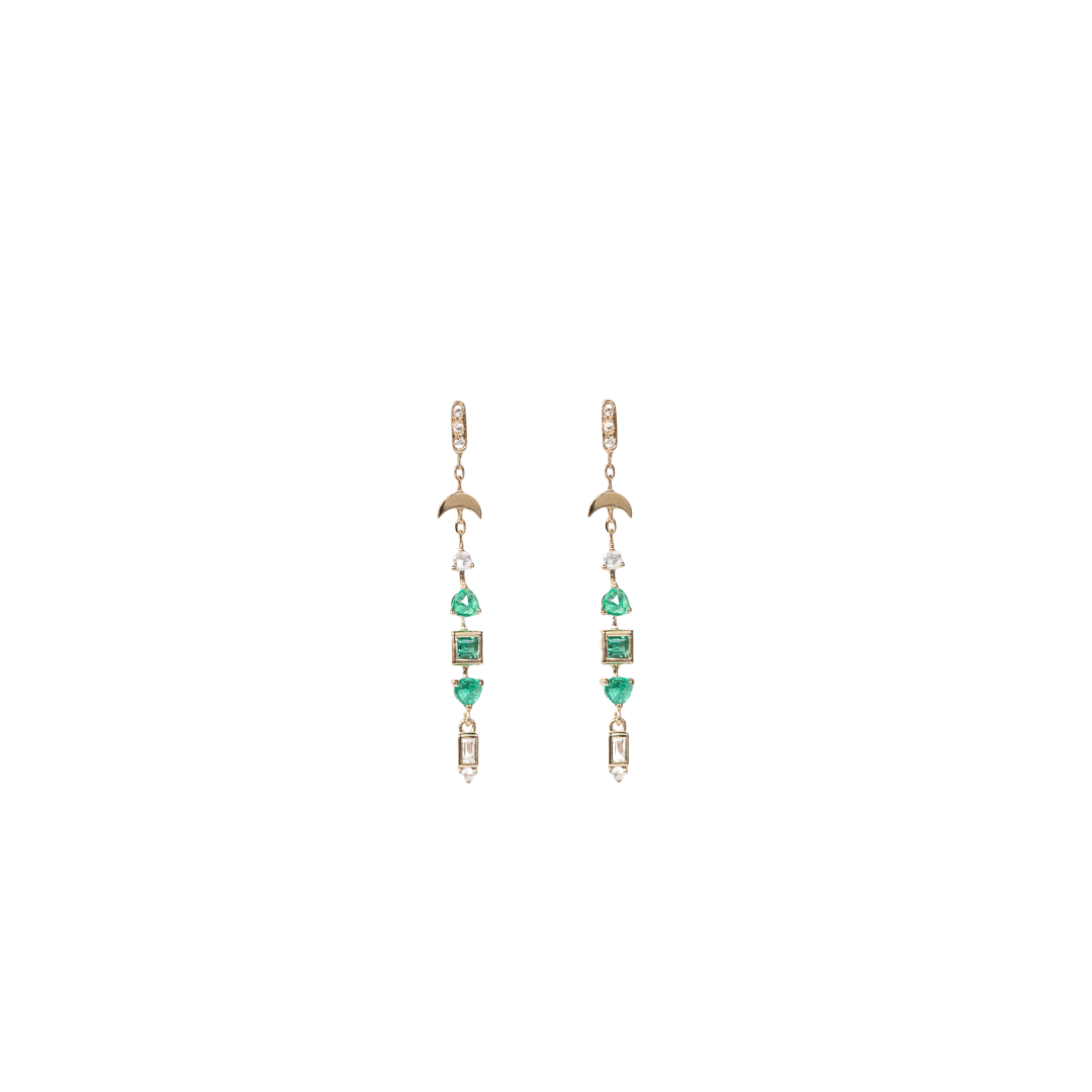14K solid yellow gold Totem earrings with 0.13 ct diamonds and emerald accents — 3.5 cm long protective talismans symbolizing strength and spirituality, with butterfly backs, sold as a pair.