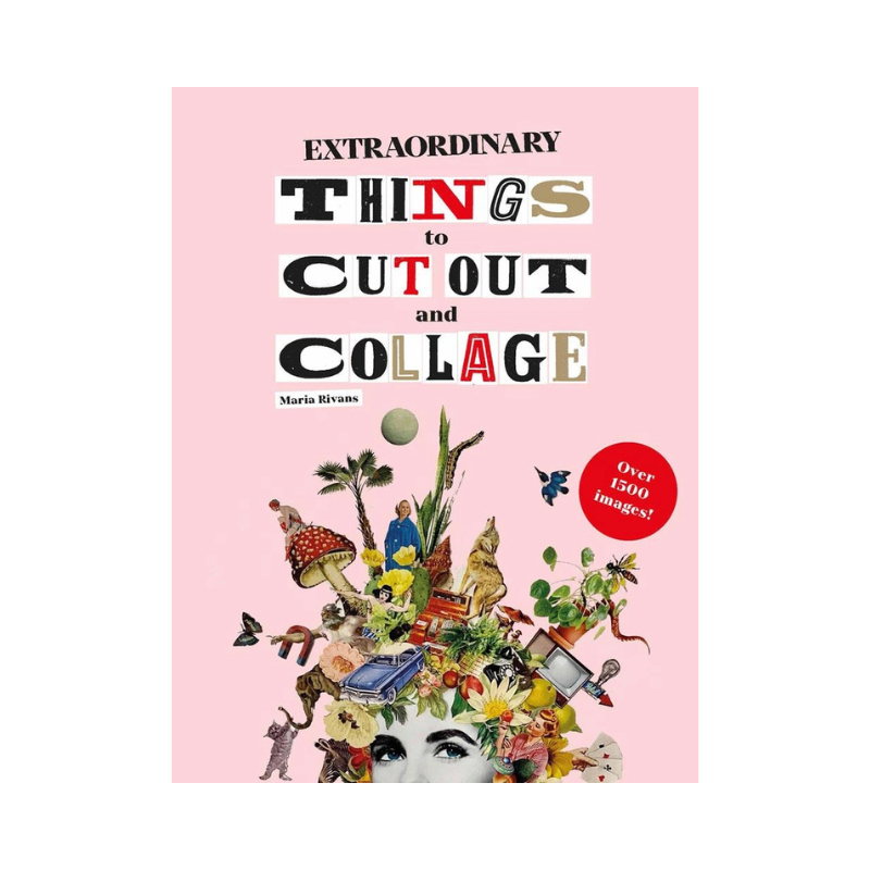 a pink book cover with whimsical visuals and text reading extraordinary things to cut out and collage on a white background