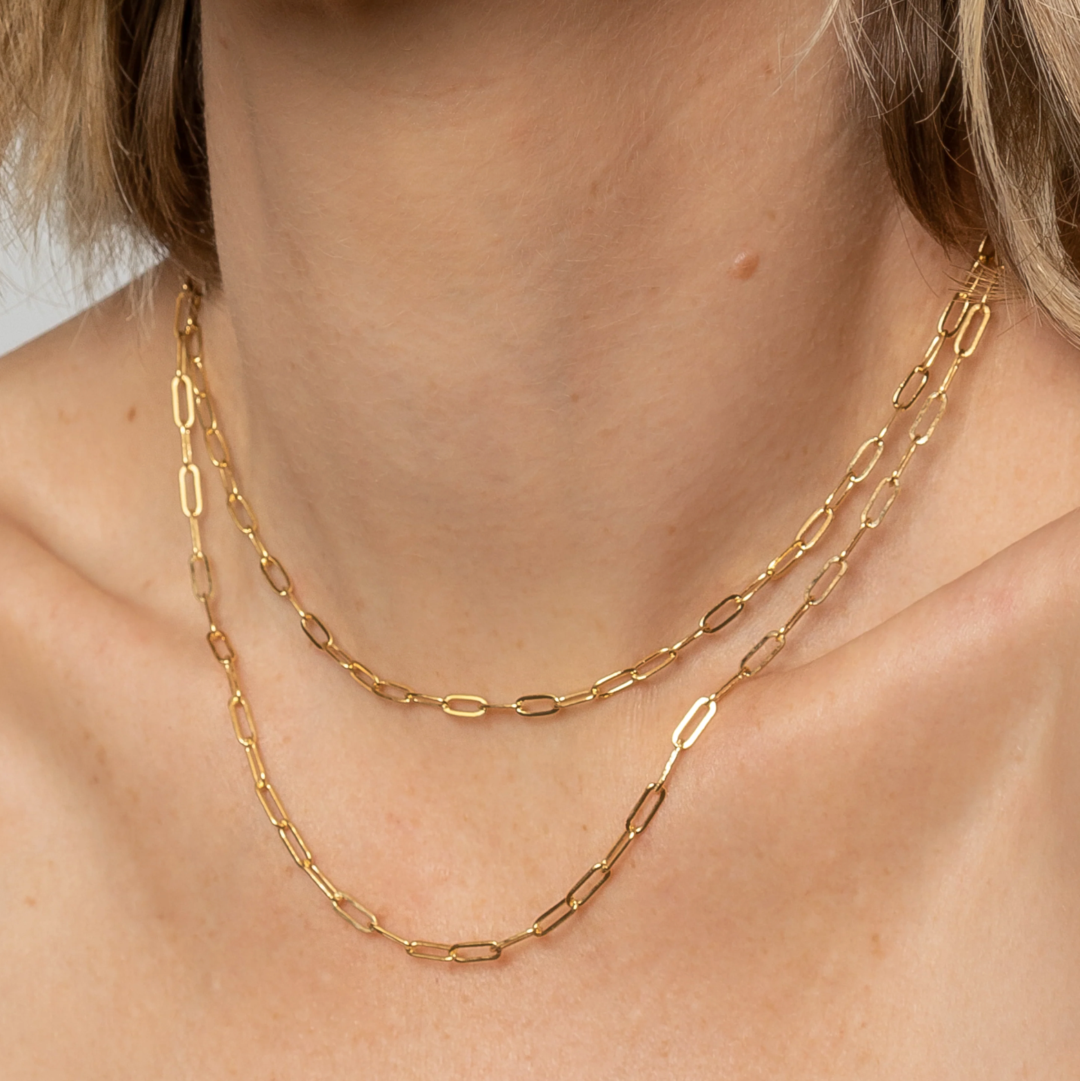 14k gold plated 3.4mm paperclip chain necklace, 22-inch adjustable minimalist link design for layering or charm styling.