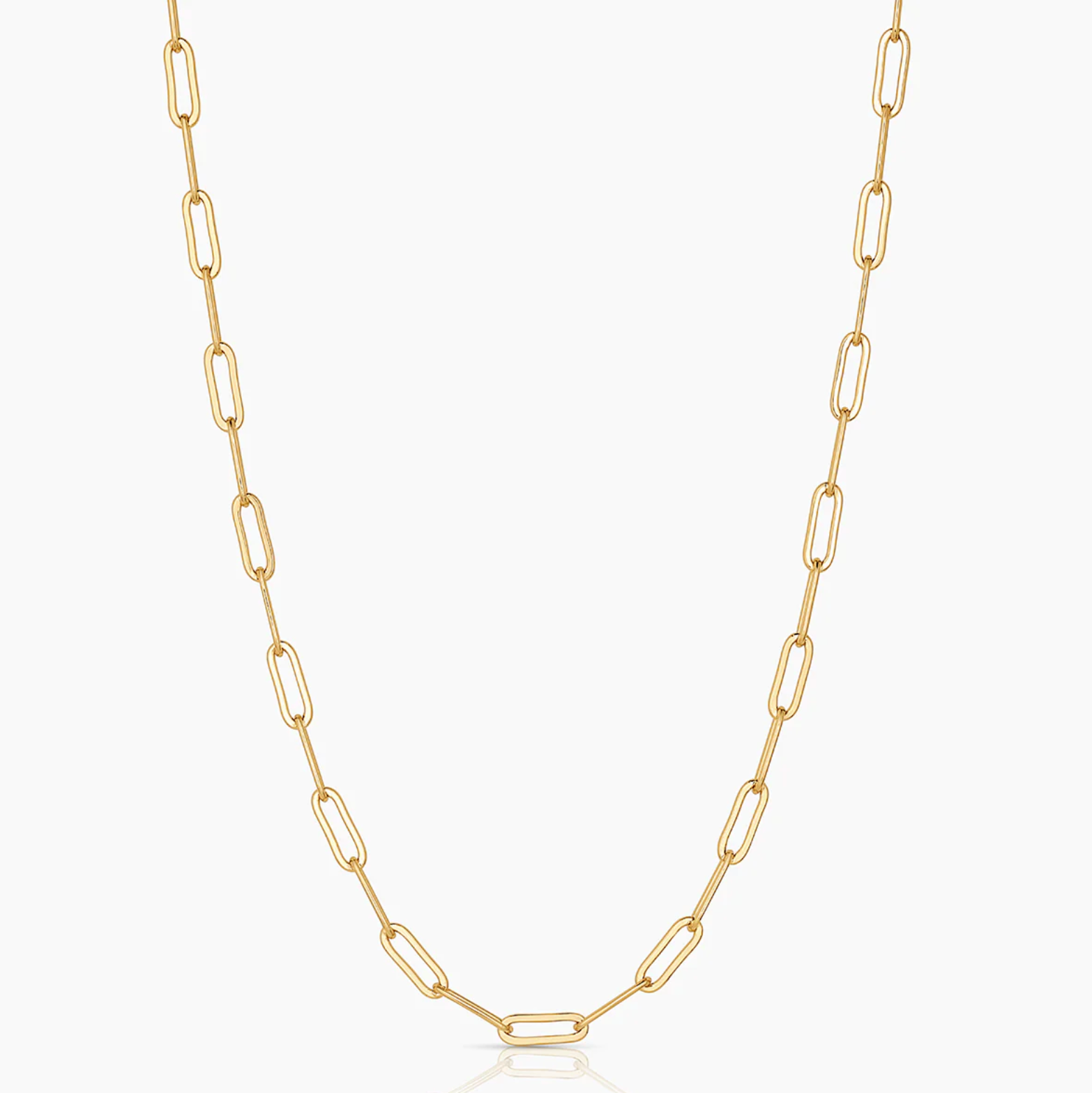"14k gold plated 3.4mm paperclip chain necklace, 22-inch adjustable minimalist link design for layering or charm styling.
