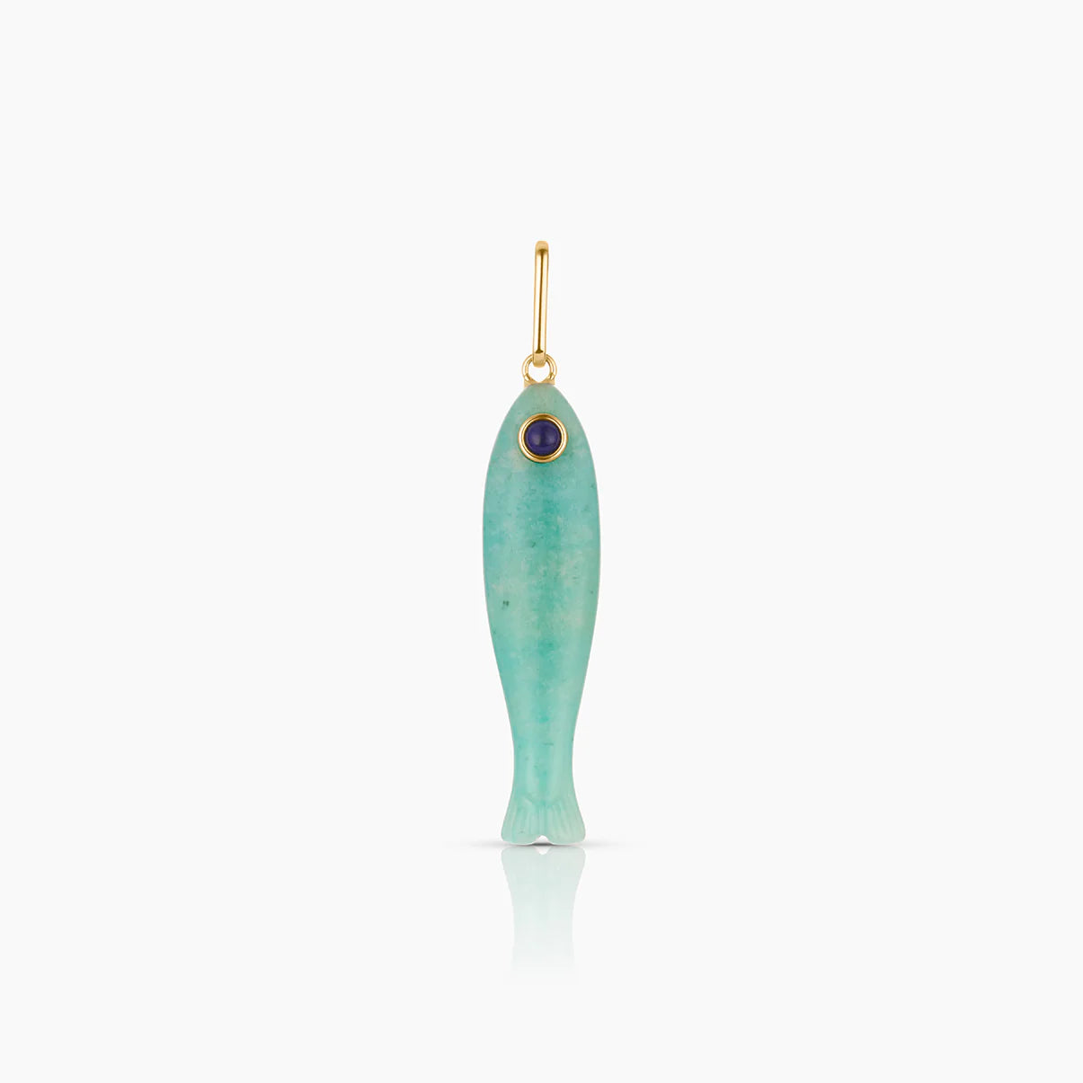 Teal fish-shaped pendant with a purple gemstone on a white background