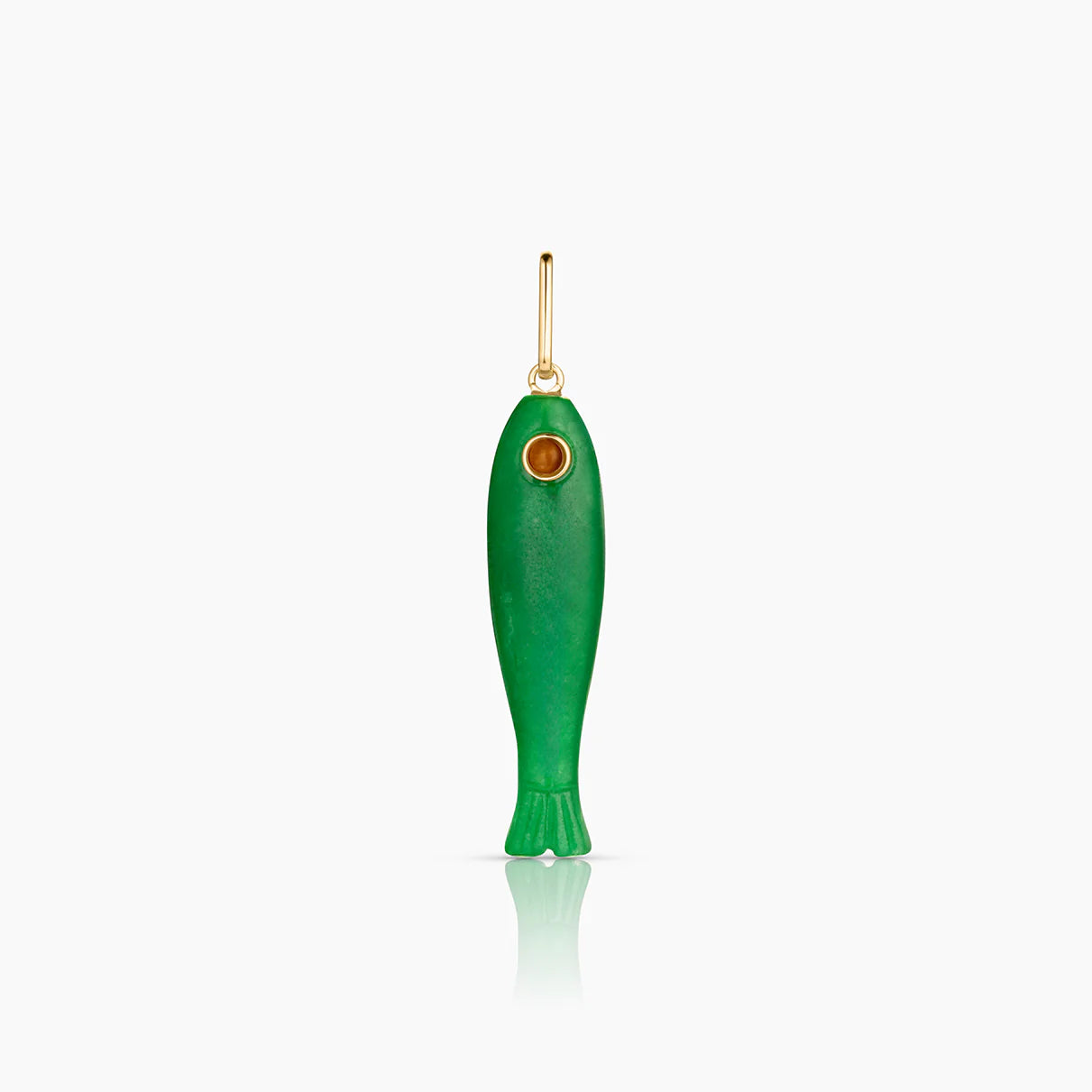 Green fish-shaped pendant with a gold chain on a white background