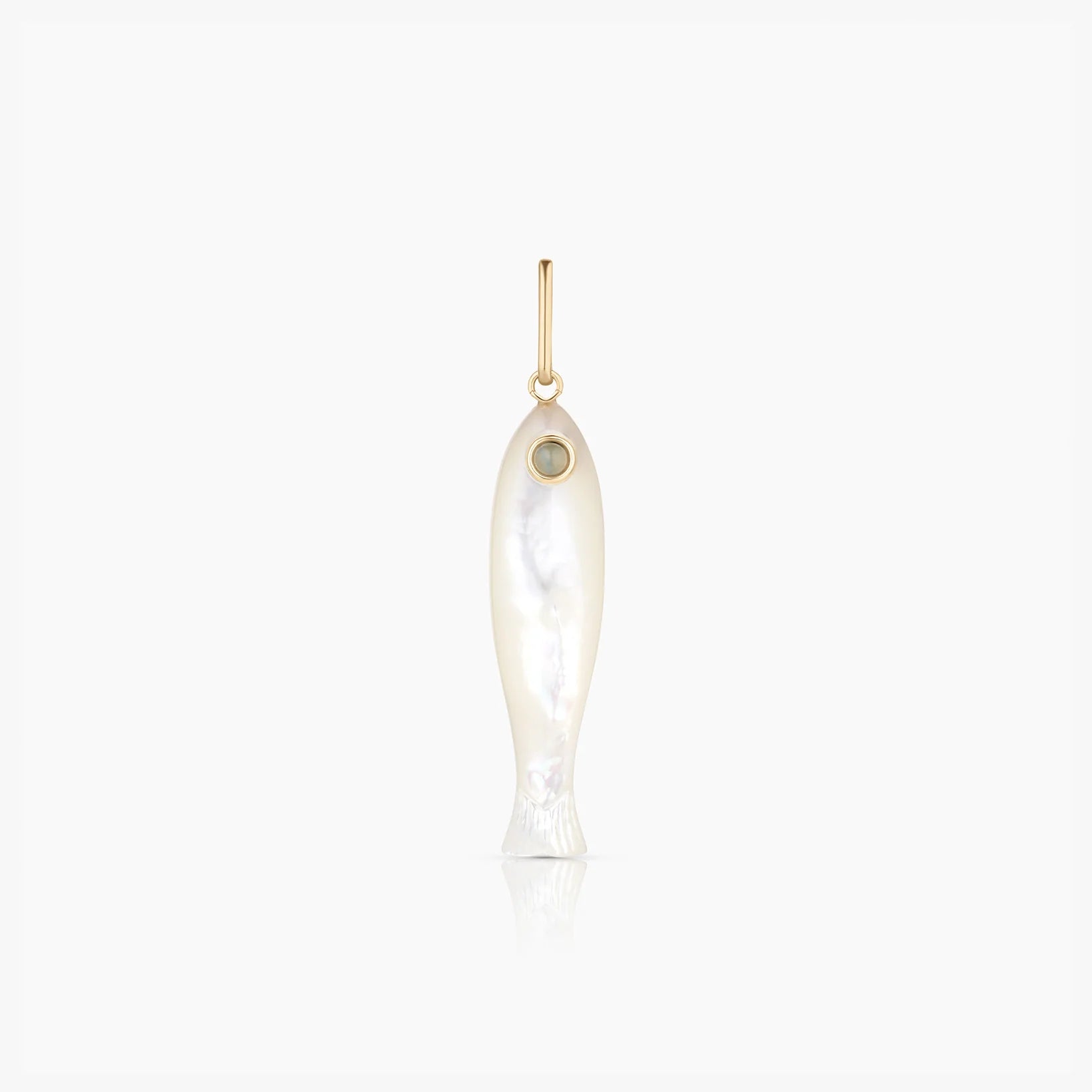Pearl fish-shaped pendant with gold accent on a white background