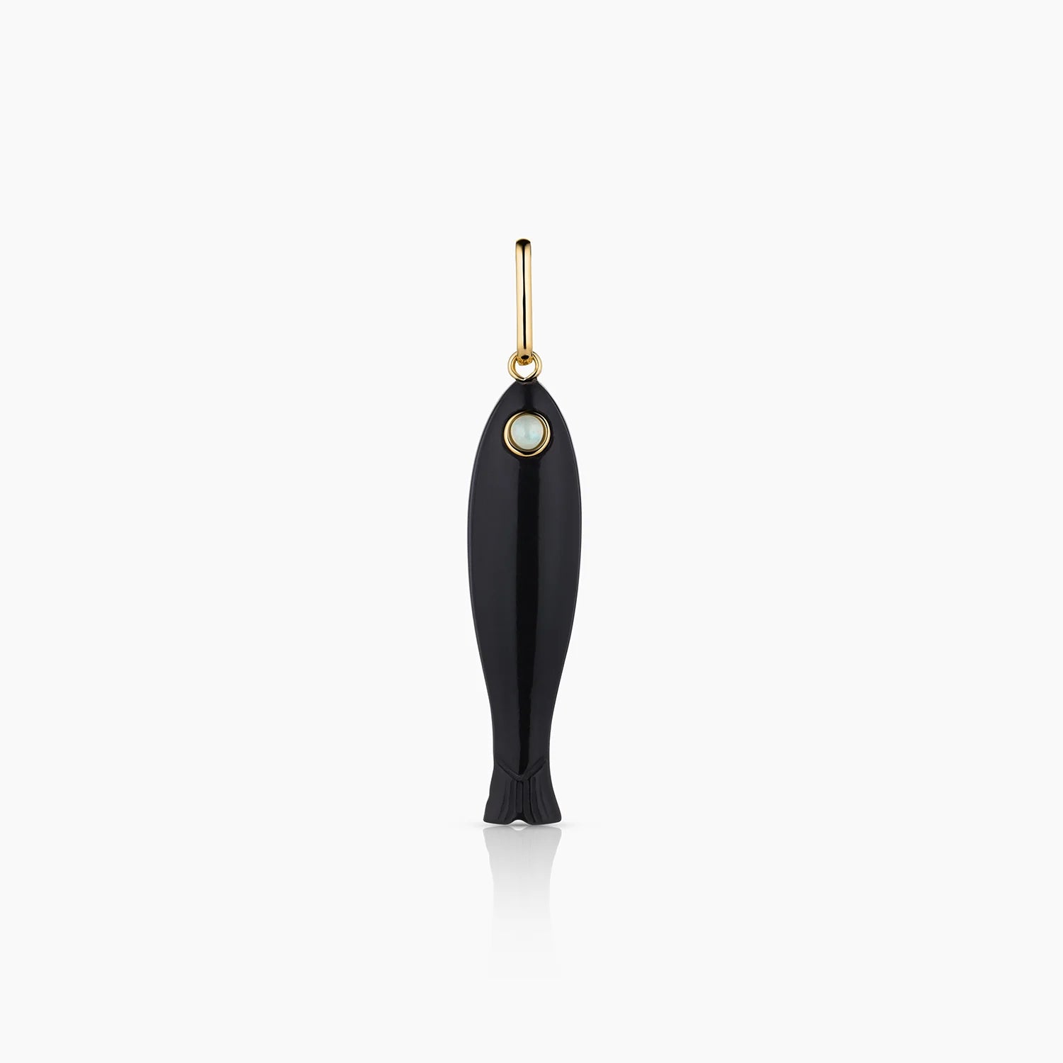 Black fish-shaped earring with a gold accent on a white background