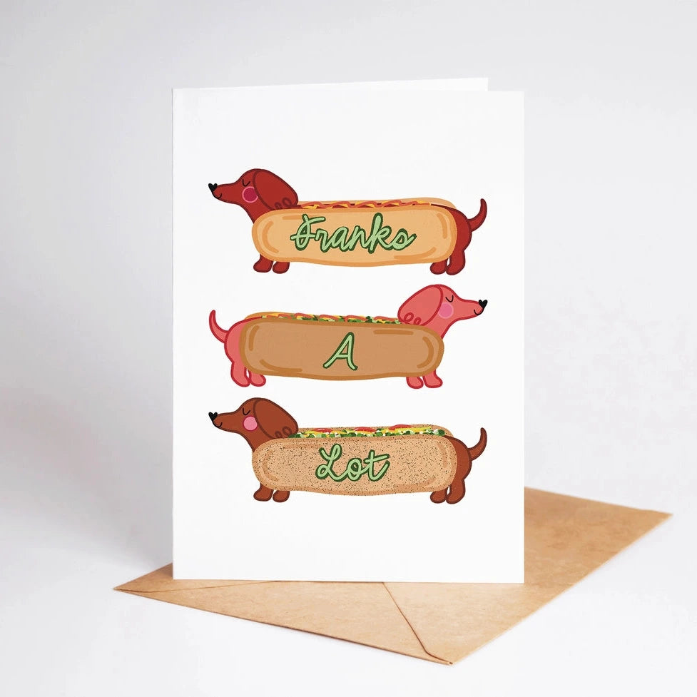 Greeting card with dachshund illustrations and text on a white background