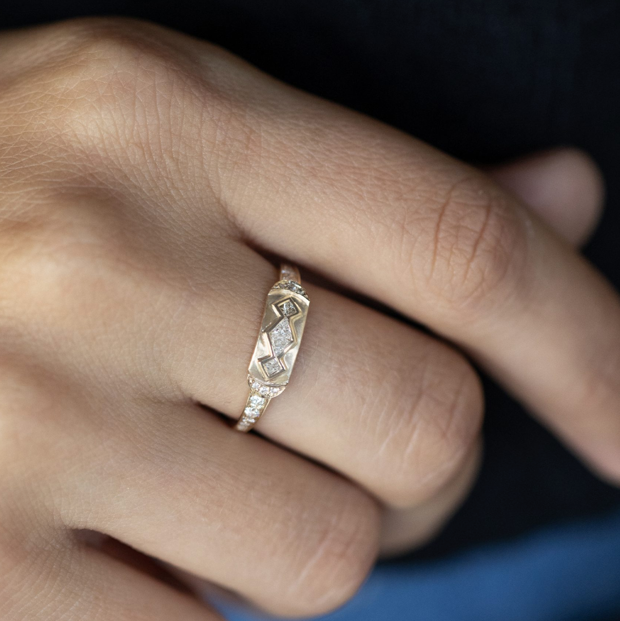 "14K solid yellow gold Totem ring with 0.3 ct diamonds and 0.5 × 1.4 cm plate — a protective talisman symbolizing strength and spirituality; made-to-order sizes ship in 4–6 weeks, resizable up or down 2 sizes.