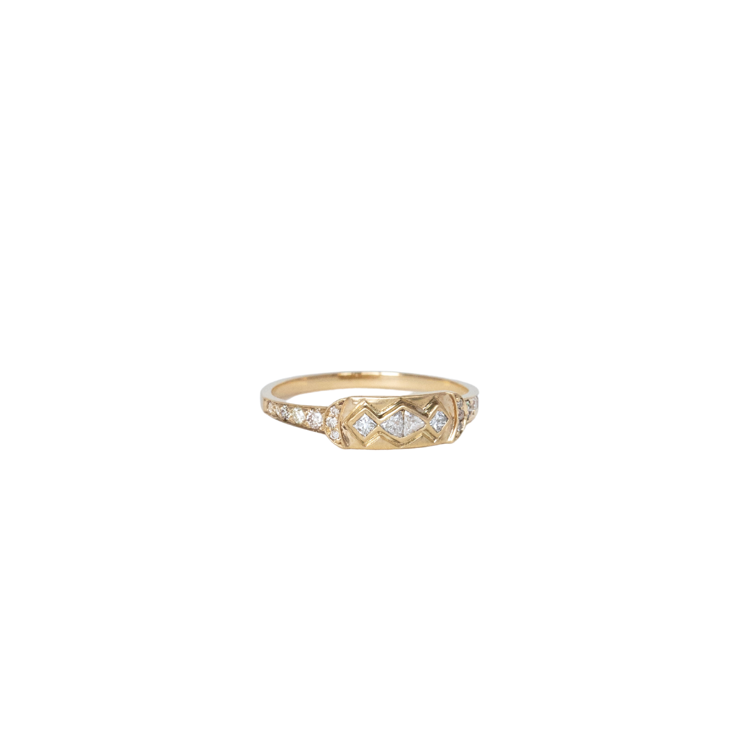"14K solid yellow gold Totem ring with 0.3 ct diamonds and 0.5 × 1.4 cm plate — a protective talisman symbolizing strength and spirituality; made-to-order sizes ship in 4–6 weeks, resizable up or down 2 sizes.