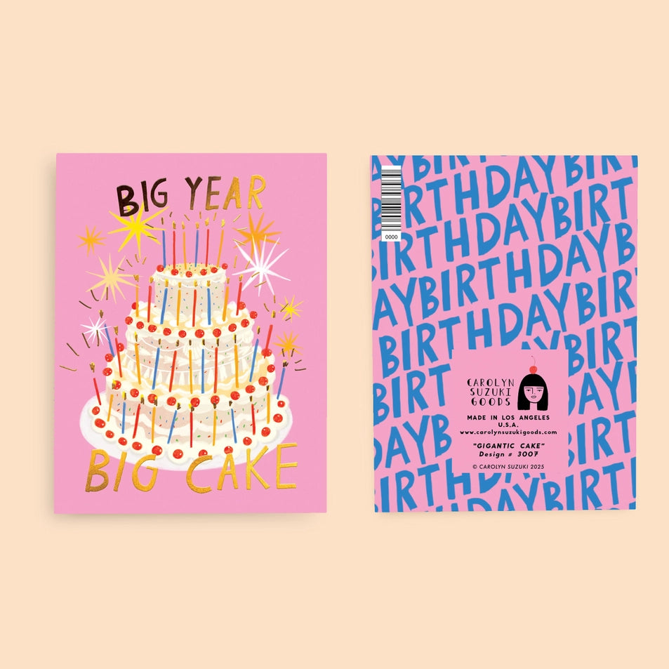 front and back of a greeting card with a pink background and an illustration of a three tiered birthday cake with dozens of candles and gold text reading big year, big cake