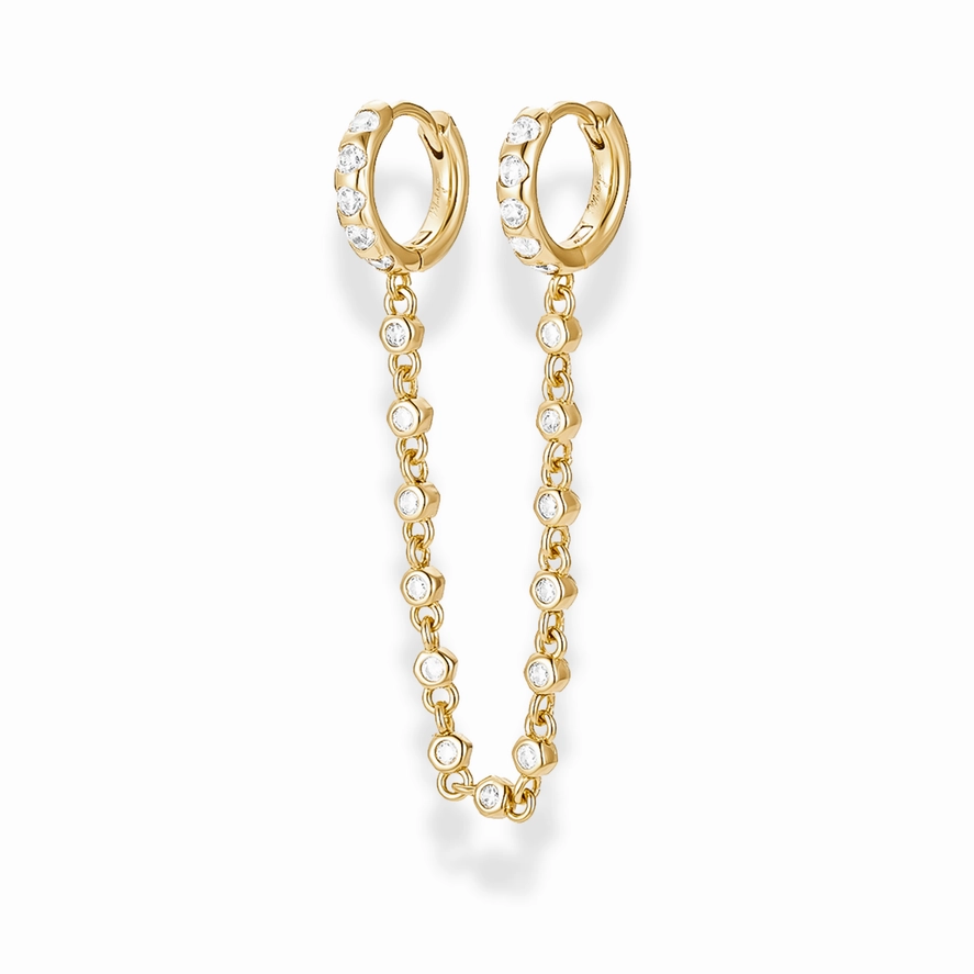 Gold hoop earrings with chain extensions on a white background