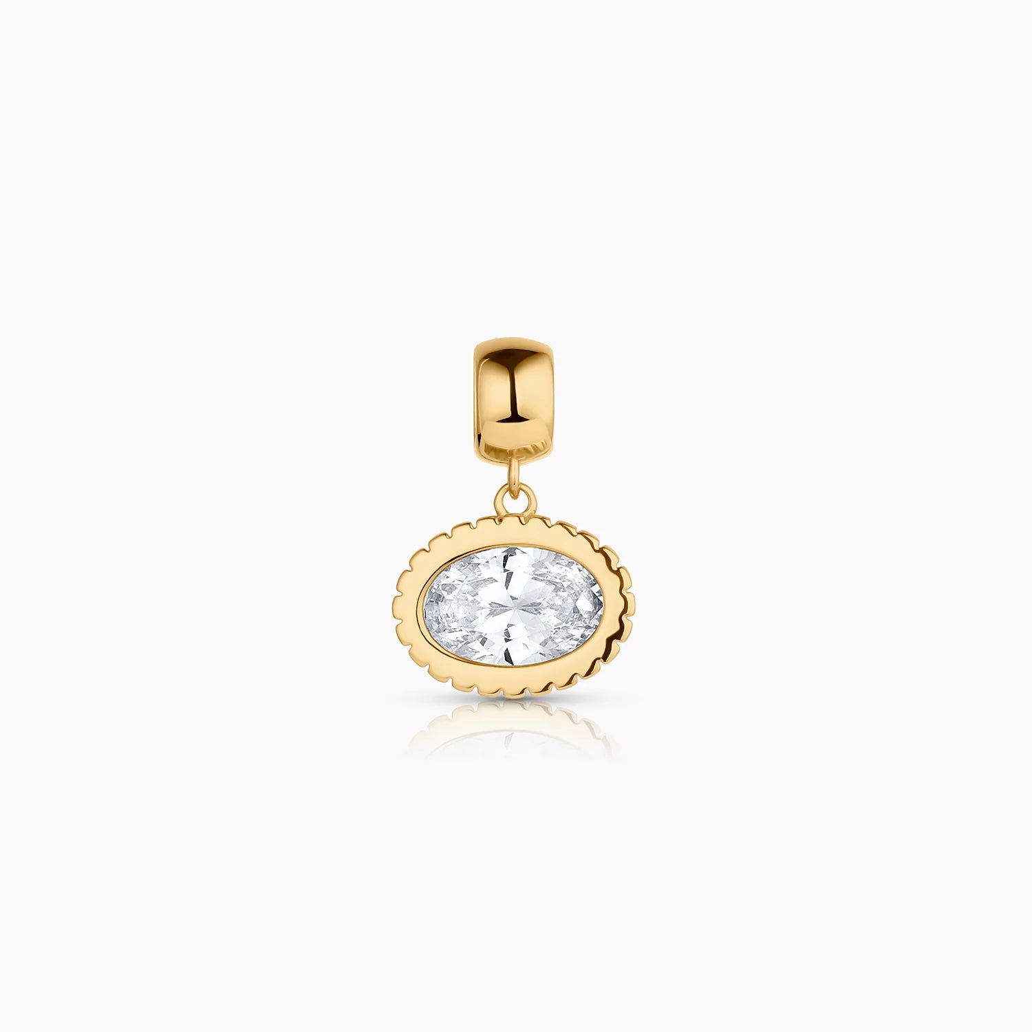 Gold pendant with a clear gemstone on a white background
